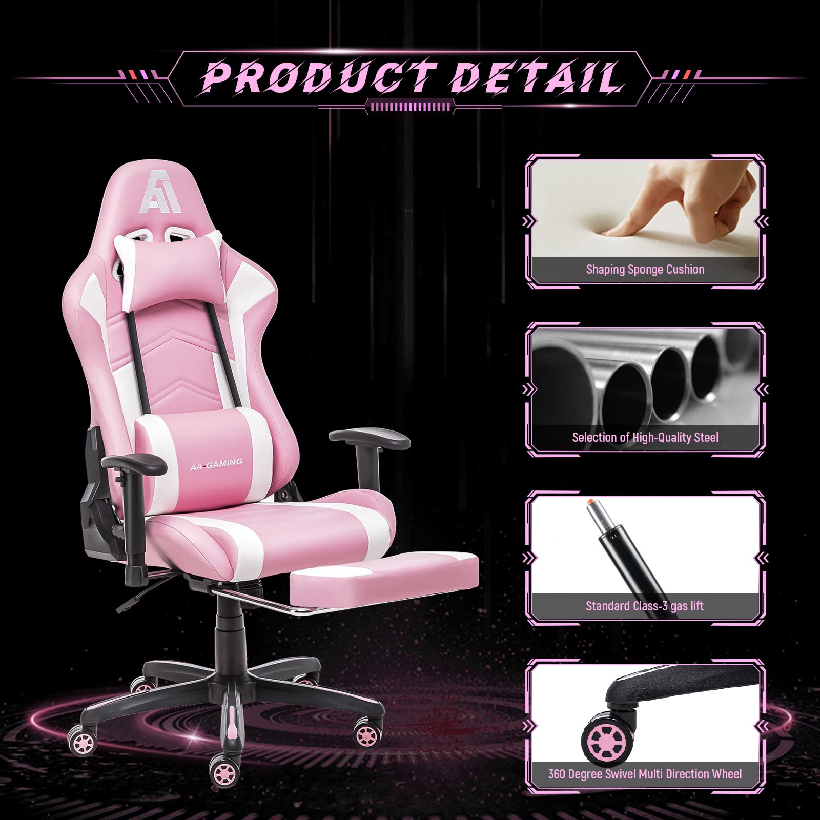 Ergonomic Gaming Chair High Back Racing Office Chair with Adjustable Height, Footrest & Lumbar Support - White & Pink - Perfect for PC Gaming, Esports, Home Office & Streaming Setup