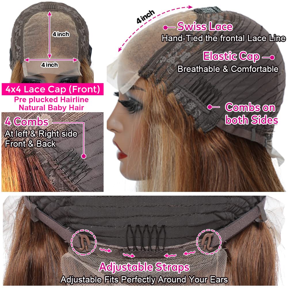 Human Hair Wigs for Black Women - 24 Inch Glueless Body Wave Ombre Highlight Lace Front Wig with Baby Hair & 150% Density (4x4 Lace, Pre-Plucked) | Perfect for Daily Wear, Parties & Special Occasions