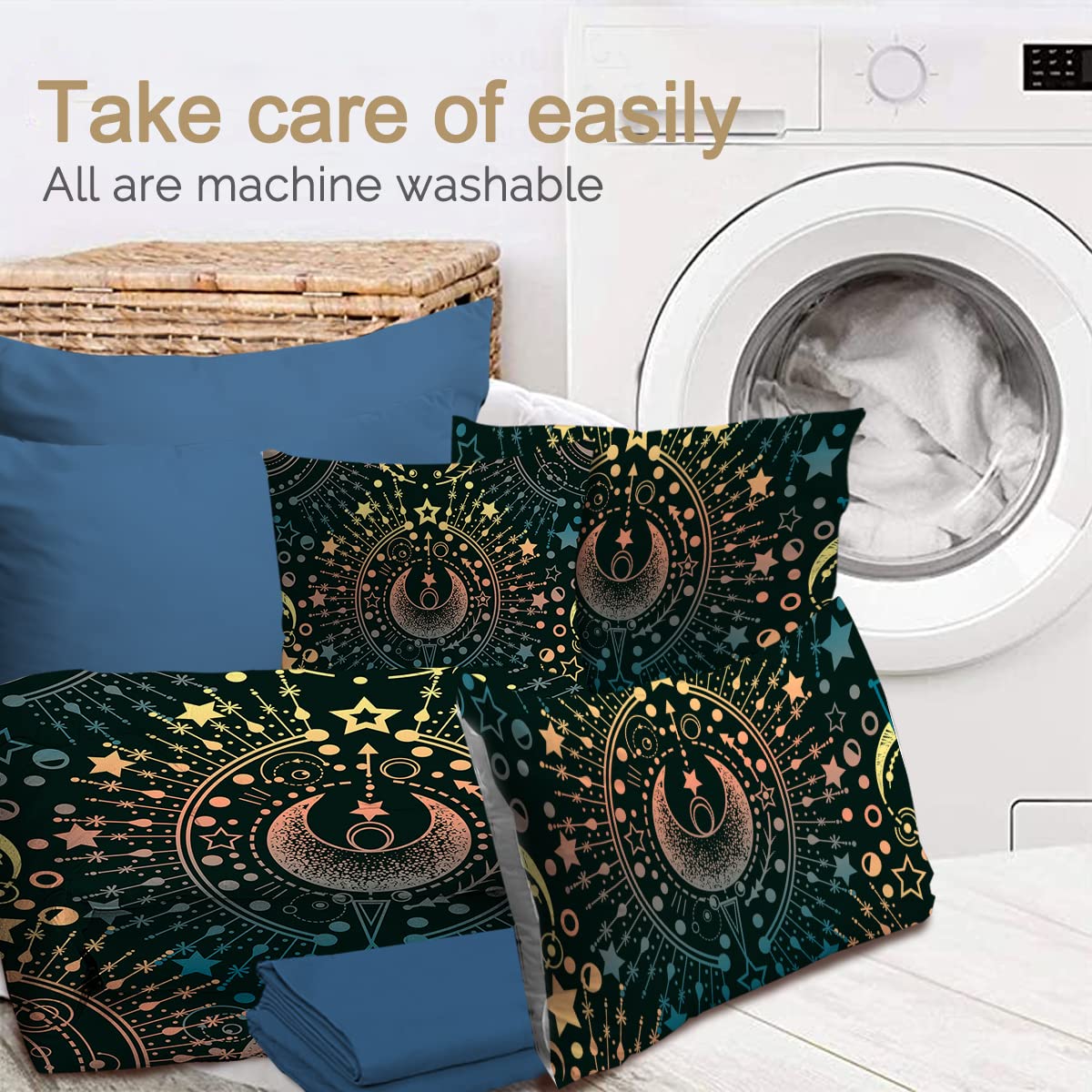 BlessLiving 8-Piece Moon Comforter Set - Teal, Yellow, Pink Star Bedding with Astrology Design, Includes 1 Comforter, 2 Pillow Shams, 1 Flat Sheet, 1 Fitted Sheet, 1 Cushion Cover - Queen Size for Cozy Bedroom Decor & Teen Girls' Room