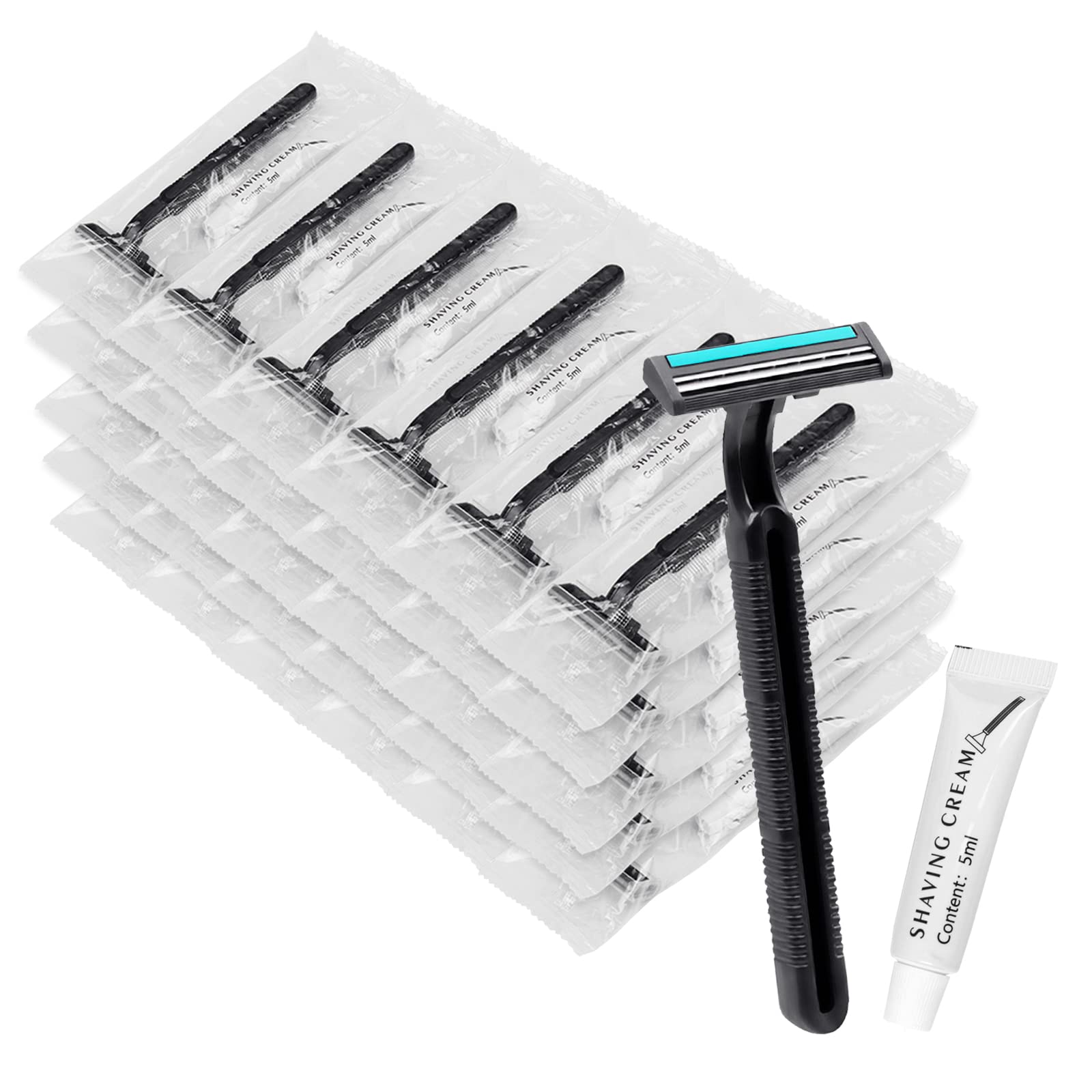 Bulk Disposable Razors with Knife Cap - 50 Pack Individually Wrapped Black Razors for Shaving - Includes Shaving Cream - Ideal for Hotels, Nursing Homes, Shelters & Charities - Perfect for Travel, Grooming Kits & Emergency Hygiene Supplies