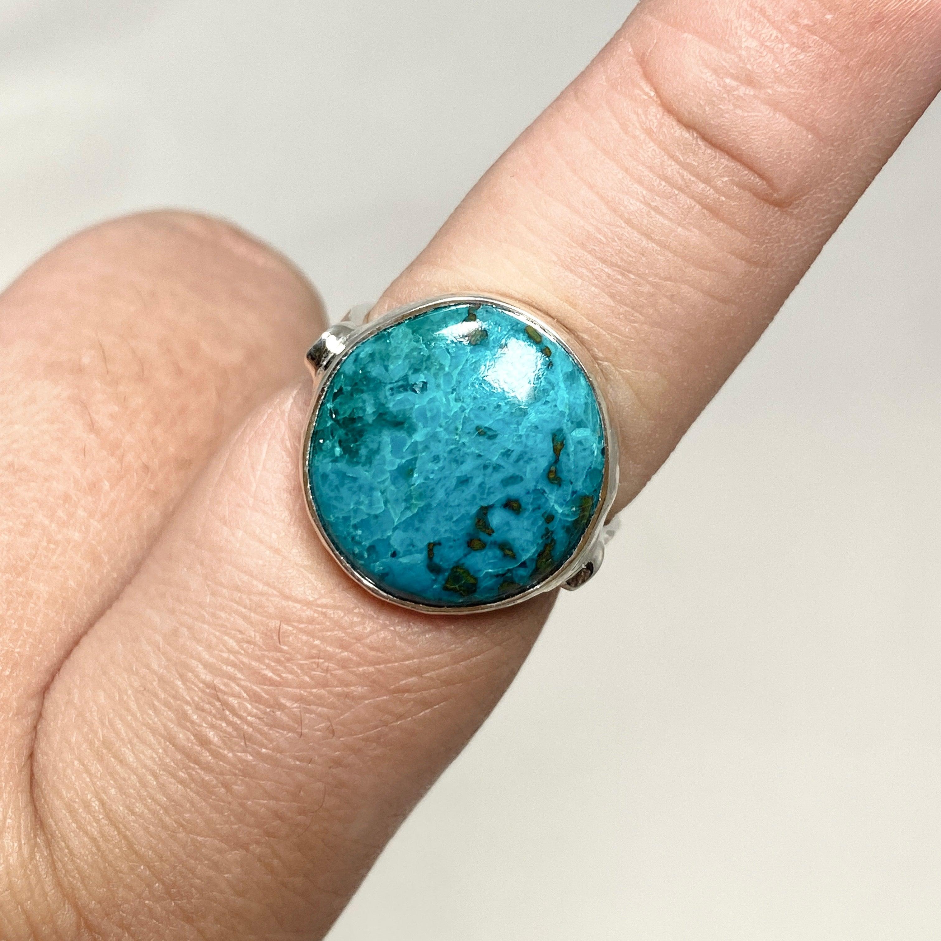 Chrysocolla Shattuckite Dioptase Round Ring - Size 9 Hammered Sterling Silver Band KRGJ3235 - Perfect for Boho Jewelry, Spiritual Healing & Unique Gift Giving