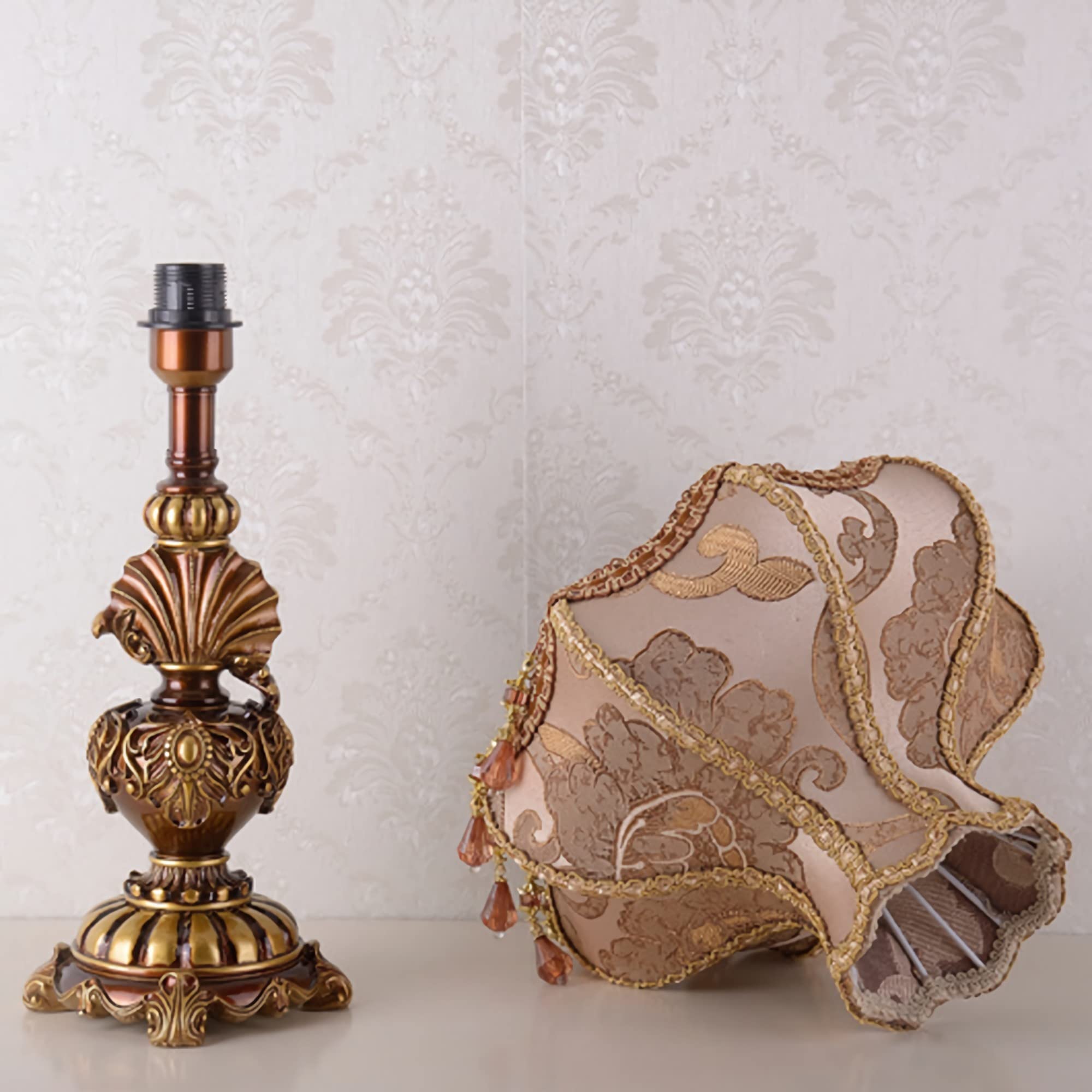 Vintage Art Deco Cottage Table Lamp - Mid-Century Resin Desk Light with European Brown Fabric Shade (13W x 22H Inches) E26 Base | Perfect for Living Room, Bedroom, Office, Coffee Bar & Nightstand | Antique Craft Gift Idea