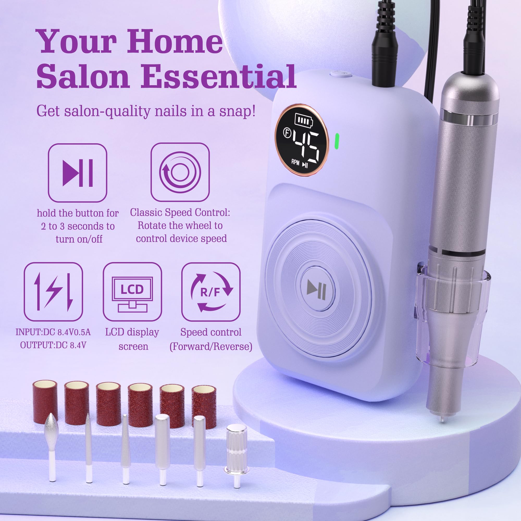 Professional Electric Nail Drill Kit - Low Noise, Low Heat & Vibration, 6 Drill Bits & Sanding Bands - Perfect for DIY Home Manicure, Salon Pedicures & Acrylic Nail Art (Purple)