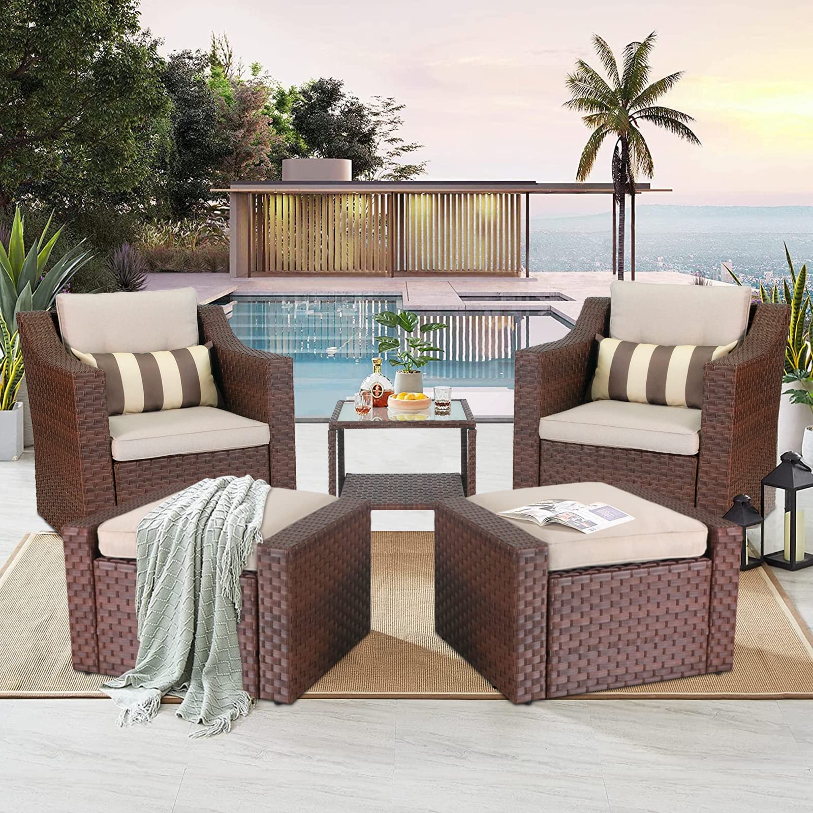 SOLAURA 5-Piece Outdoor Patio Furniture Set - Brown Wicker Lounge Chairs with Ottoman Footrest, Coffee Table & Beige Cushions for Garden, Backyard, Deck or Balcony - Perfect for Relaxing, Entertaining & Outdoor Lounging