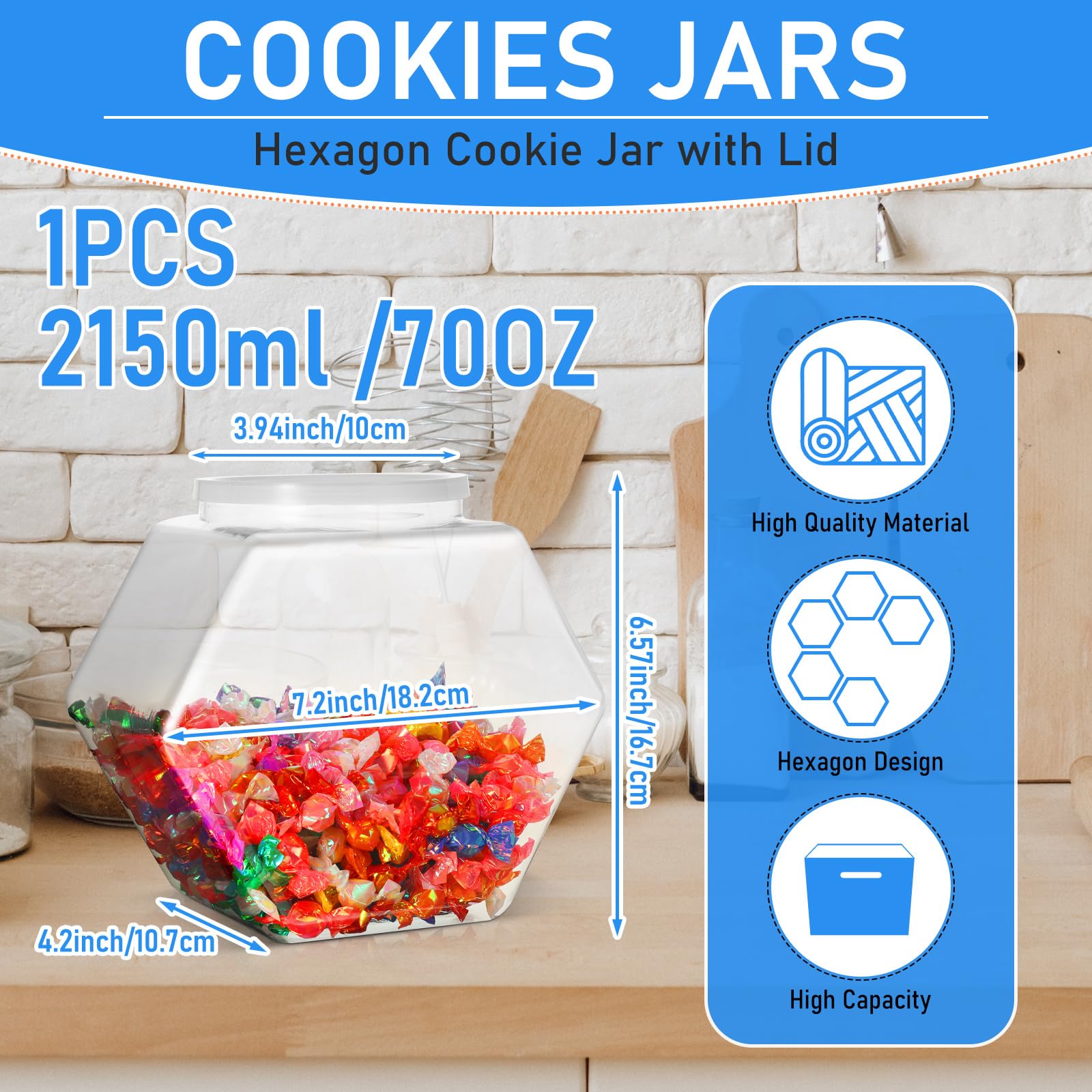 Uiifan 70 oz Clear Hexagonal Plastic Candy Jar with Airtight Lid - Food Storage Container for Snacks, Cookies, Dog Treats, Coffee Pods & Laundry Pods - Perfect for Kitchen Pantry, Craft Room & Sewing Supplies Organization