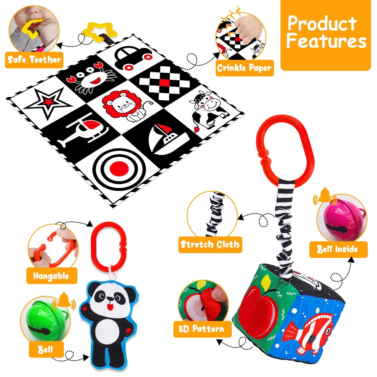 High Contrast Baby Toys 0-6 Months - 4Pcs Montessori Sensory Soft Book with Mirror for Newborns | Black & White Infant Toys for Early Education & Tummy Time | Perfect Baby Shower Gift for Brain Development