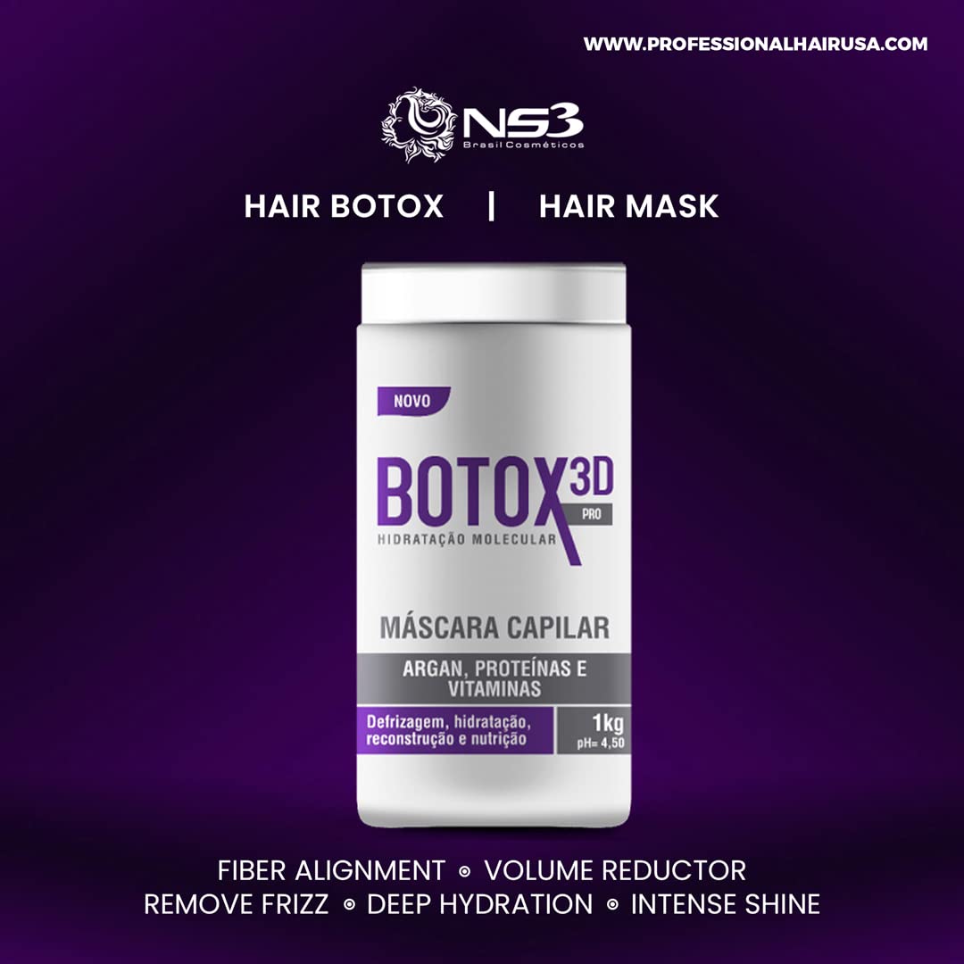 NS3 Brasil Cosmetics Botox 3D Pro Hair Mask Treatment 35.3oz - Deep Conditioning for Frizz Control, Volume Reduction & Extreme Shine | Purple Hair Botox Mask for Smooth, Wavy Hair | Perfect for Damaged, Dry or Chemically Treated Hair at Home Salon Treatments