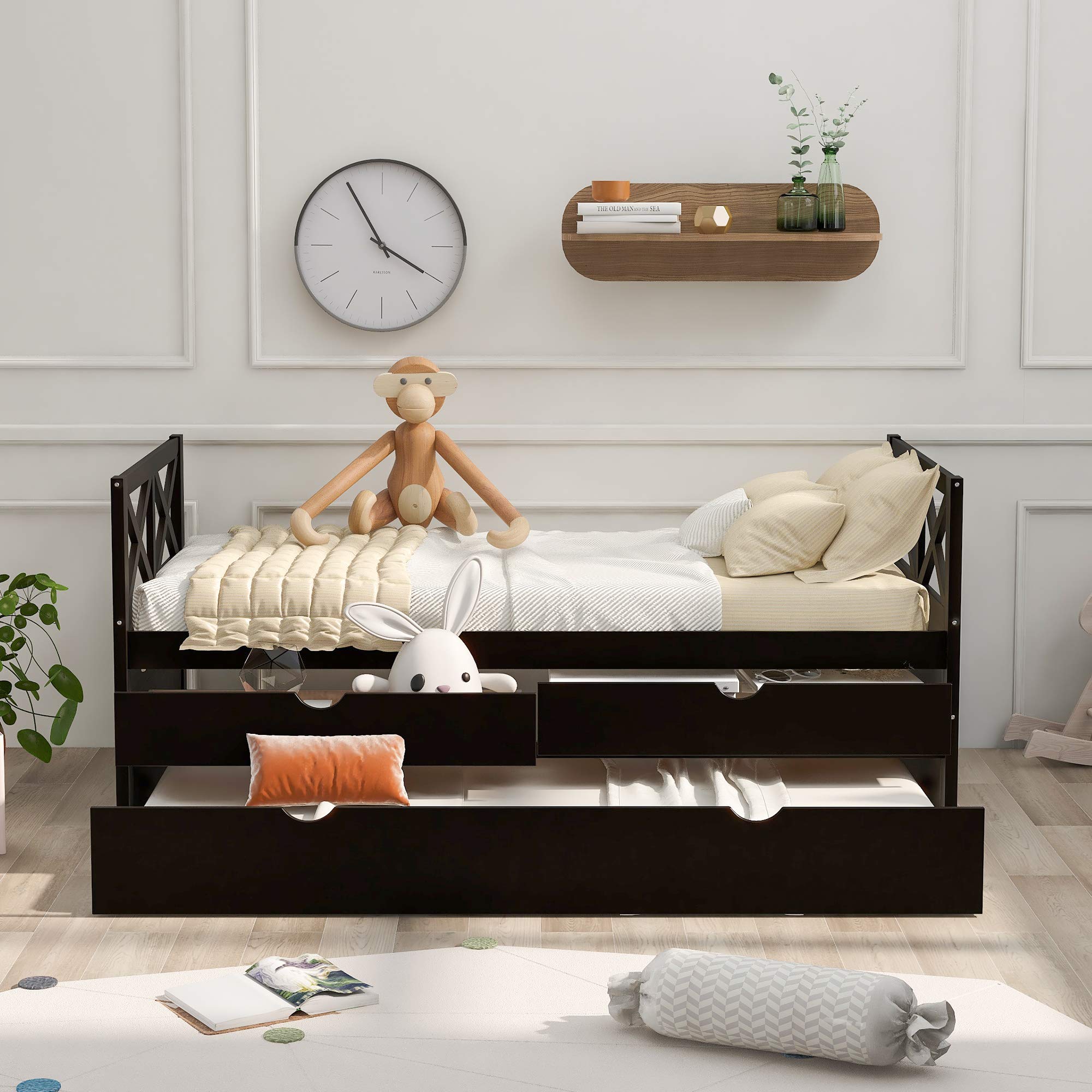 Twin Size Daybed with Drawers & Trundle - Rustic Wooden Storage Platform Bed for Kids & Teens, No Box Spring Needed, Multi-Functional Captain's Bed (Espresso) - Perfect for Guest Rooms, Dormitories & Small Spaces