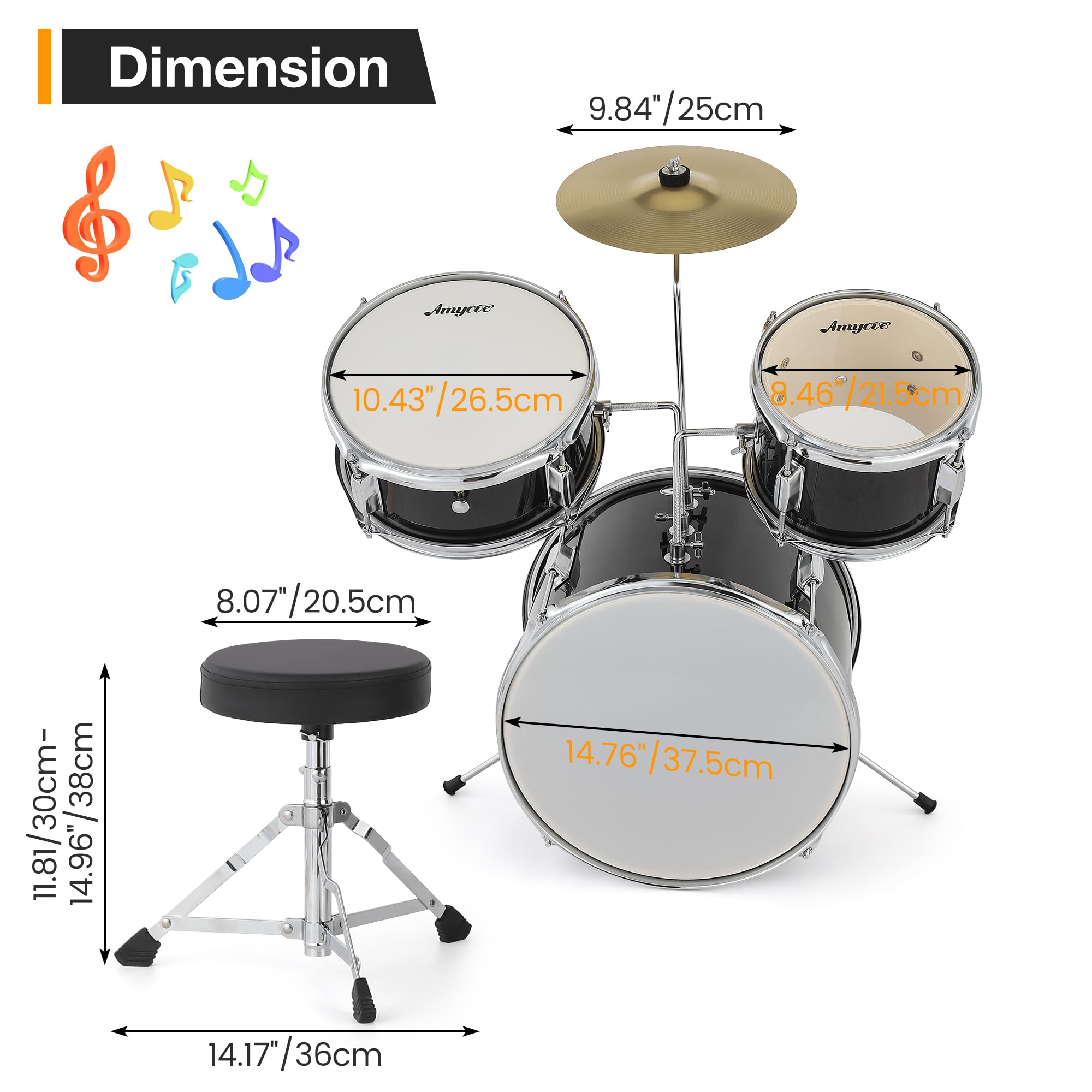 3-Piece Junior Drum Set with Cymbal, Tom, Bass Drum, Drumsticks, Pedal & Stool - Complete Beginner Drum Kit for Kids & Teens - Perfect for Home Practice, Music Lessons & Rock Band Performances (Black)