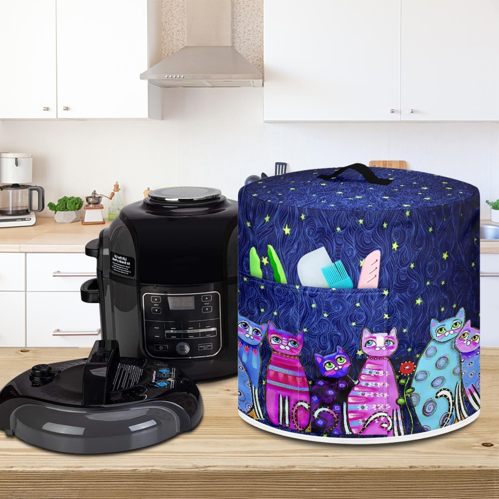 Starry Night Cats Pattern Pressure Cooker Cover for 6 qt Instant Pot - Kitchen Appliance Dust Protector with Storage Pockets for Rice Cooker, Air Fryer & Slow Cooker | Perfect for Home Kitchen Organization & Appliance Protection