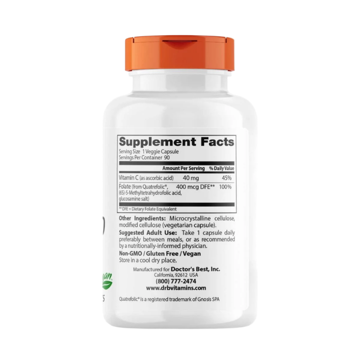 Doctor's Best Fully Active Folate 400 with Quatrefolic 400 mcg - 90 Veggie Capsules for Optimal Cellular Health & Pregnancy Support | Bioavailable B9 Vitamin Supplement for Women & Men