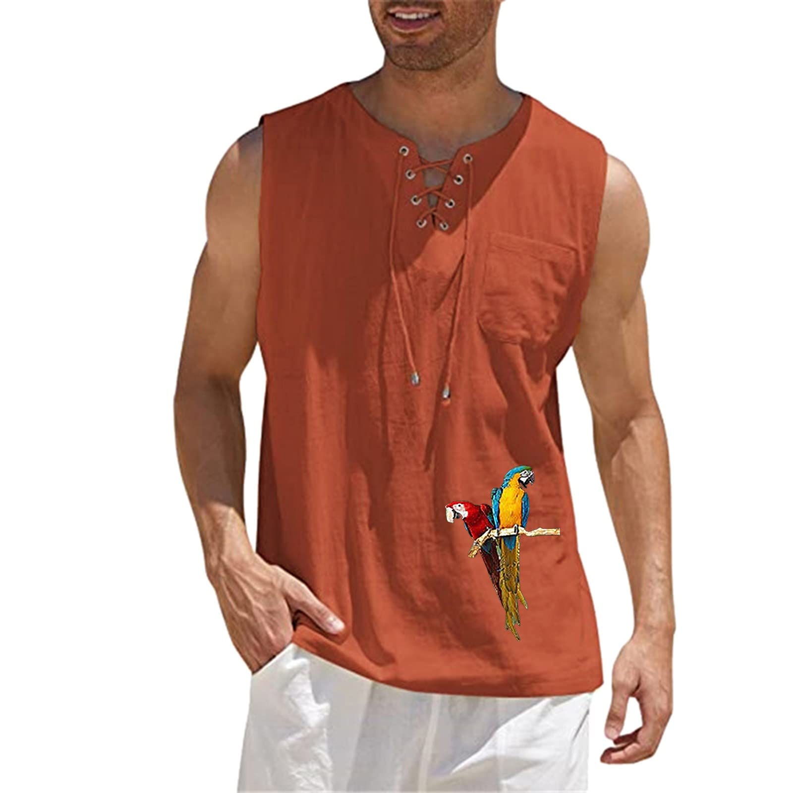 XXBR Men's Cotton Linen Sleeveless Shirt - Summer Drawstring V-Neck Hippie Vest, Loose Fit Casual Tank Top with Parrot Print | Beachwear, Festival Outfit, Boho Style