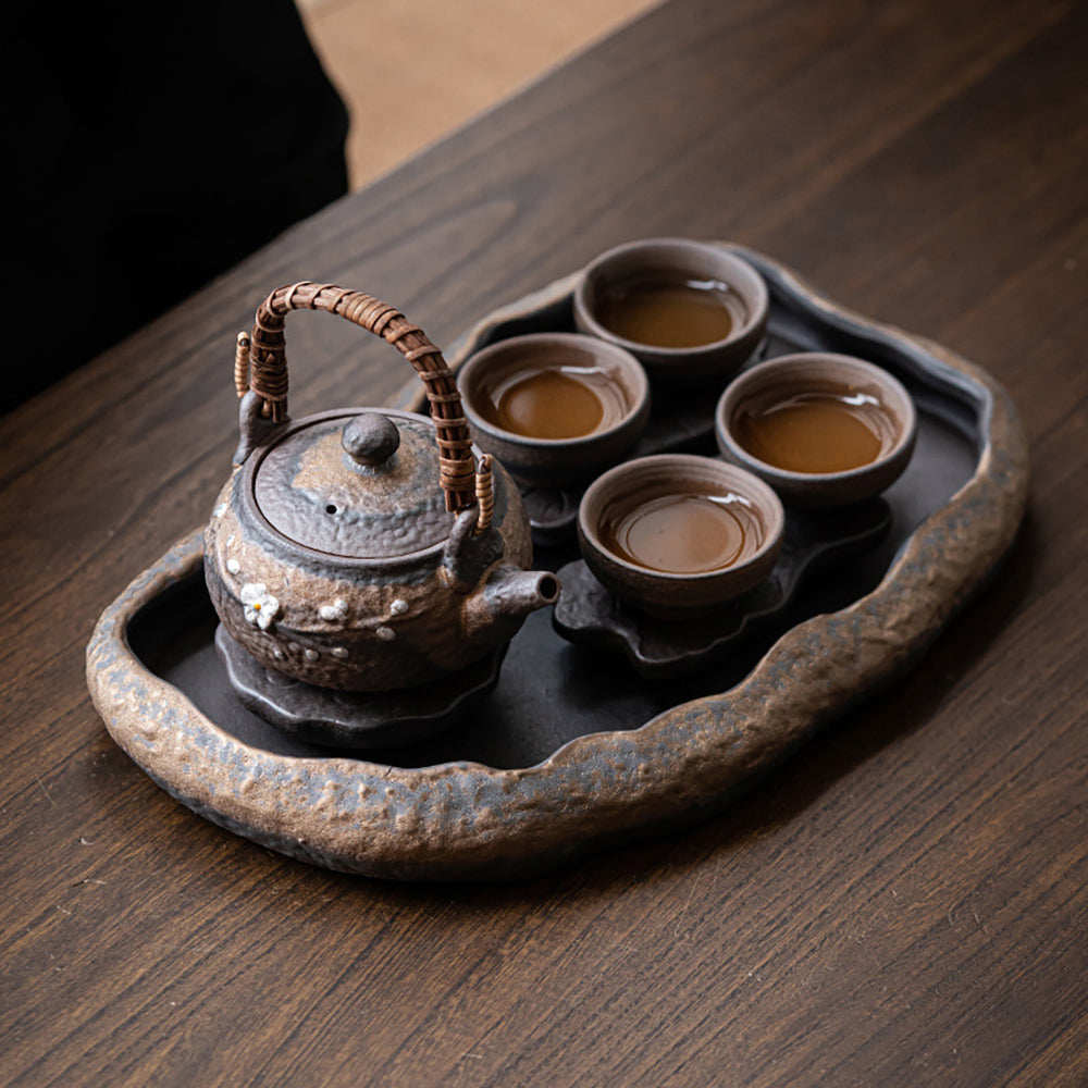 Handmade Stone Pottery Lotus Lake Tea Set - Ceramic Tea Cup & Teapot Gift Set for Home, Office & Meditation Use