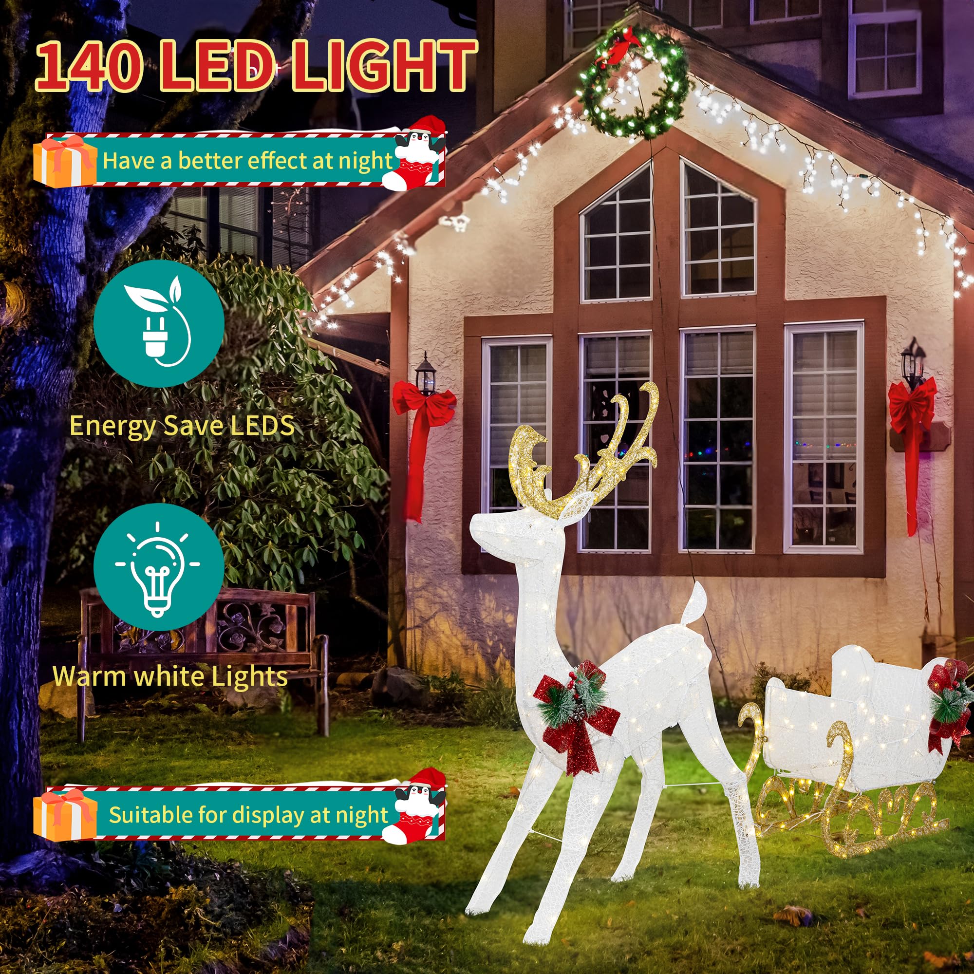 White Reindeer and Santa's Sleigh Christmas Decor with Pre-Strung LED Lights & Ground Stakes - Outdoor Holiday Yard Decoration for Festive Home Decor