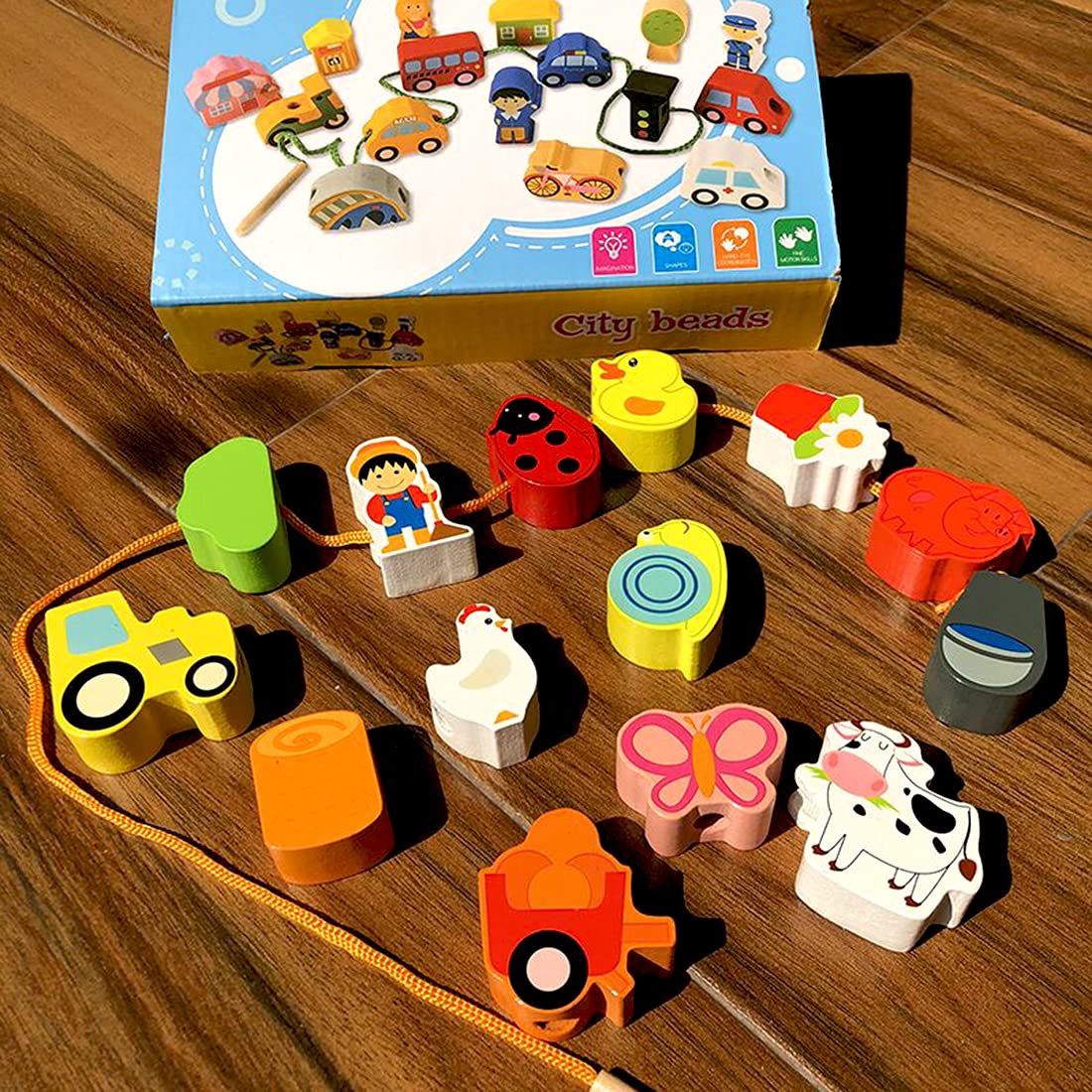 Farm Animal Lacing Toy Set - 16pcs Wooden Beads for Toddlers - Early Learning & Fine Motor Skills Development