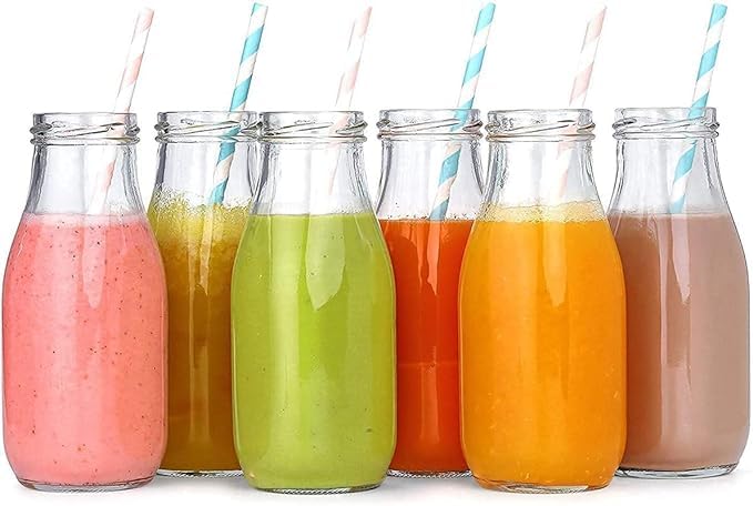 Lecrof 300ml Glass Milk Bottle with Reusable Straw & Airtight Lid - Perfect for Coffee, Tea, Juice, Smoothies & Water | Eco-Friendly Beverage Container for Home, Office, Gym & Travel
