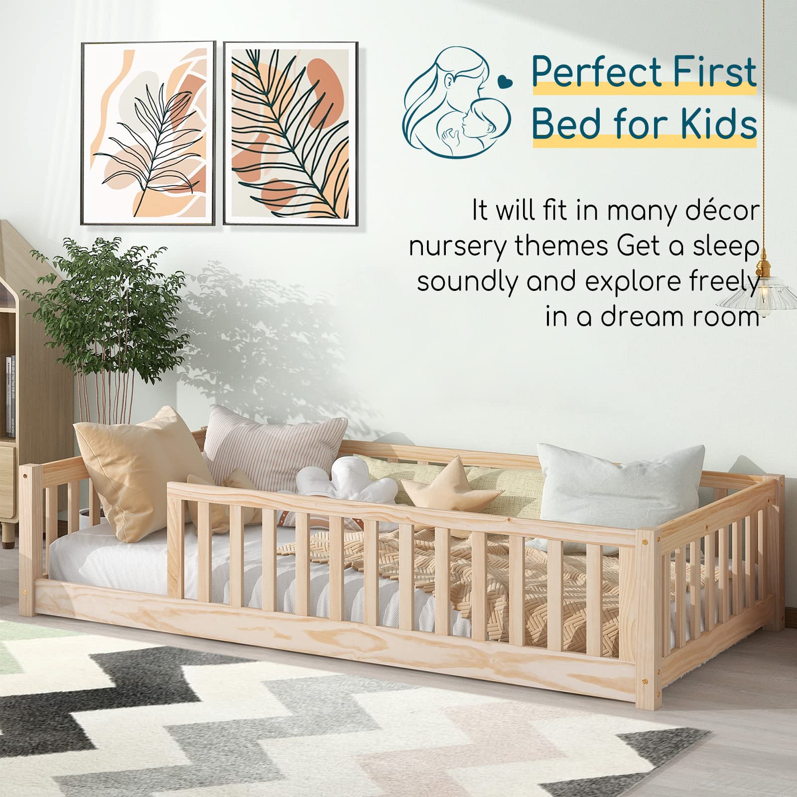 **Montessori Twin Floor Bed with Safety Guardrails & Slats - Kids Wood Bed Frame for Boys & Girls - Low Profile Toddler Bed for Safe Sleep & Play - Perfect for Montessori Rooms, Daycare, or Nursery**