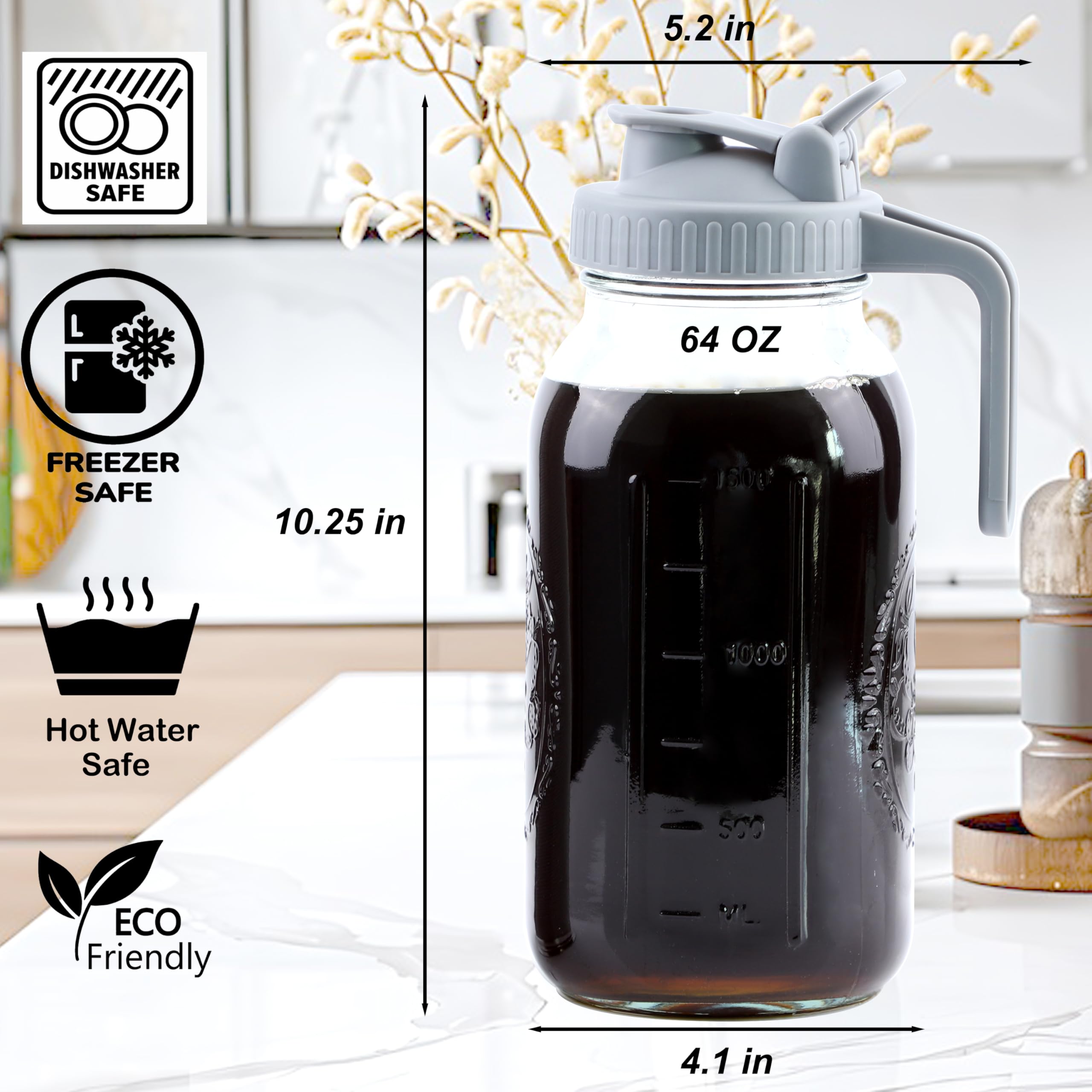 Premium 64 Oz Cold Brew Coffee Maker Set - 2 Half Gallon Wide Mouth Glass Pitchers with Stainless Steel Strainer & Spout Lids - Perfect for Iced Coffee, Tea, Lemonade, and Refrigerator Storage - Ideal for Home, Office, and Outdoor Use