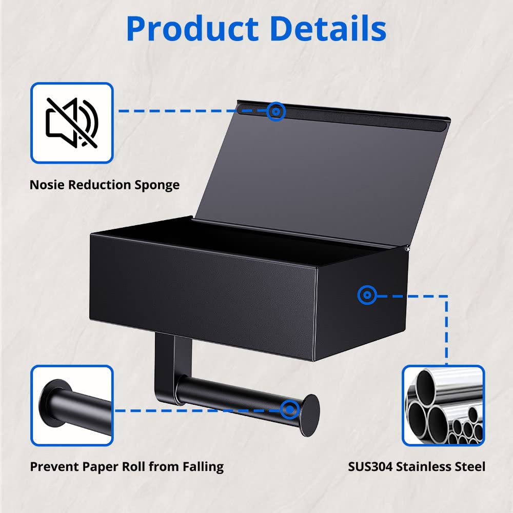 Stainless Steel Toilet Paper Holder with Shelf & Wipes Dispenser - Wall Mount Bathroom Organizer for Toilet Paper & Flushable Wipes Storage | Matte Black Finish | Perfect for Small Bathrooms & Powder Rooms