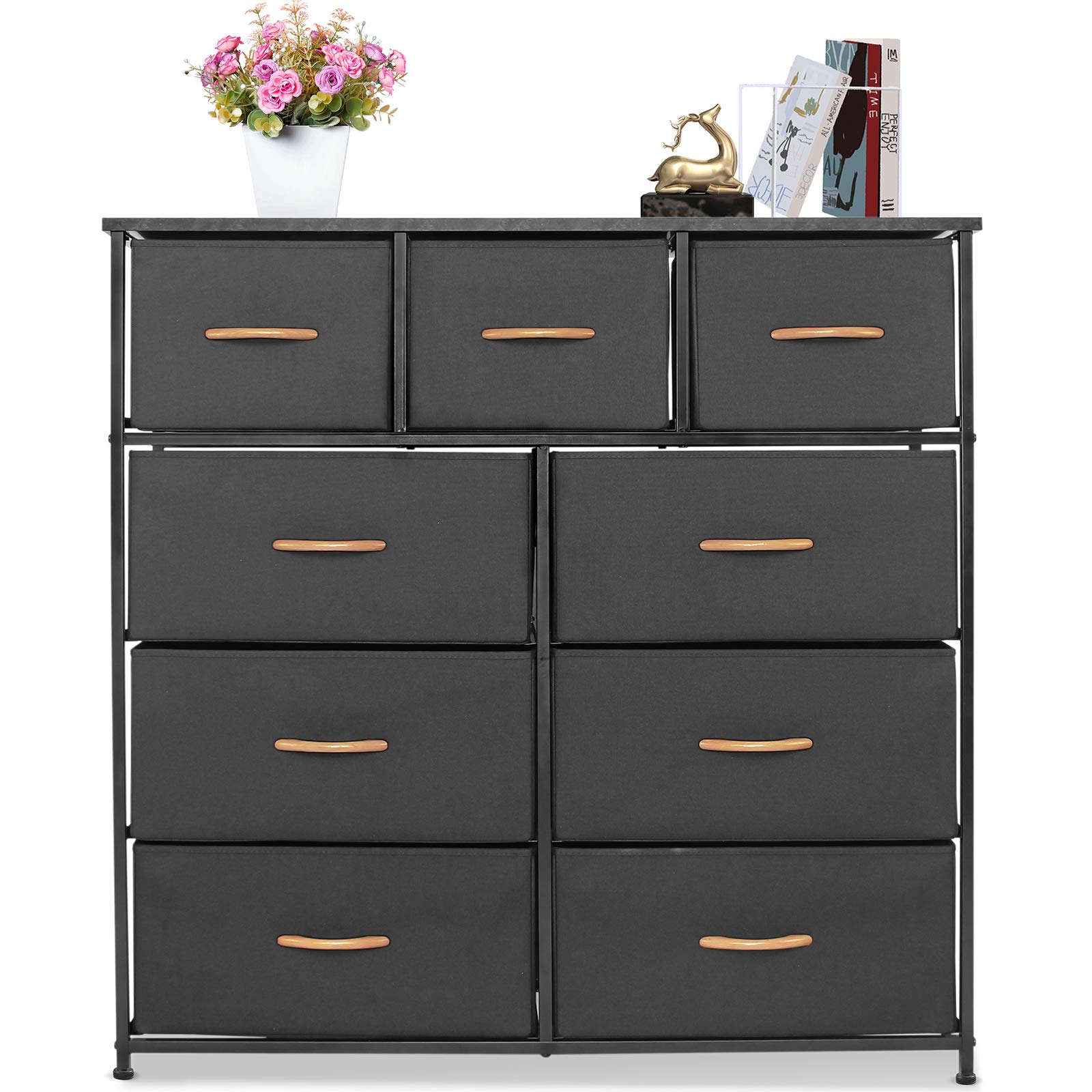 Bigroof 9-Drawer Dresser Organizer with Easy Pull Fabric Bins - Steel Frame & Wood Top Storage Cabinet for Bedroom, Hallway, Closet, Office - Perfect for Clothes, Toys & Home Organization (Black)