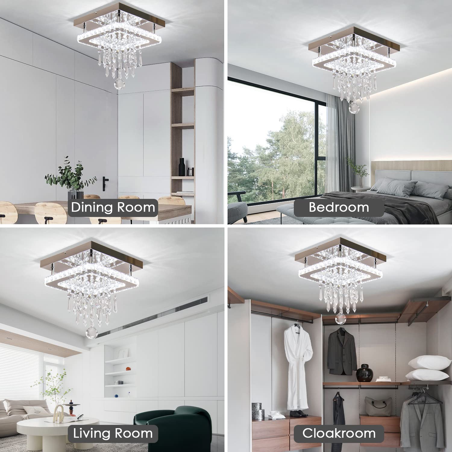 Finktonglan Modern Square LED Crystal Chandelier Ceiling Light - Flush Mount Lighting Fixture for Bedroom, Kitchen, Dining Room, Hallway & Living Room | Energy Efficient Cool White Light | Perfect for Home Decor, Wedding Venues and Luxury Interior Design