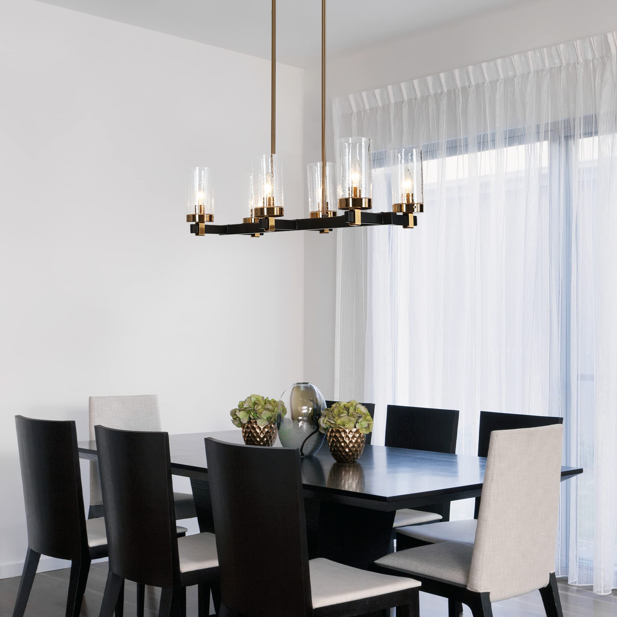 ZEVNI 6-Light Black Gold Modern Chandelier with Seeded Glass Shade - 27