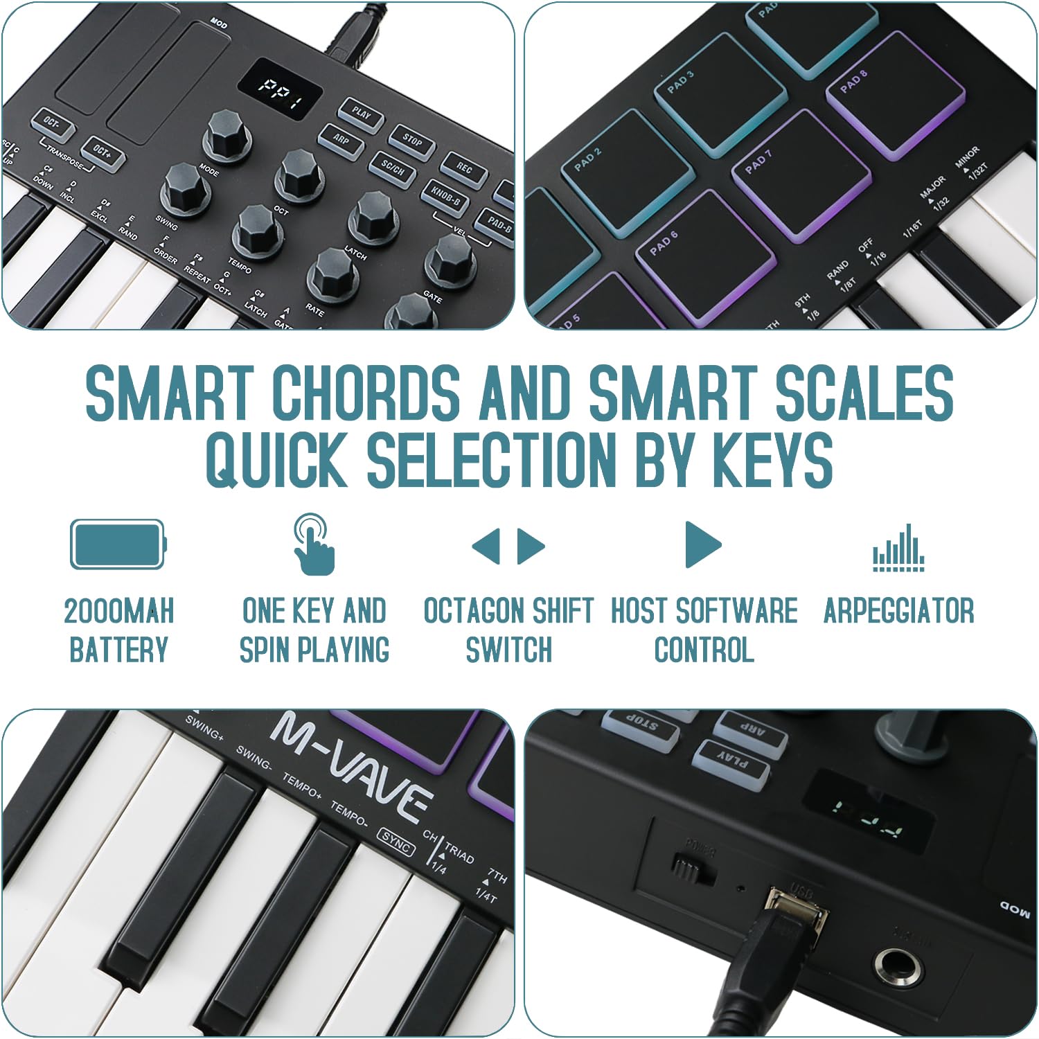 M-VAVE 25 Key USB MIDI Keyboard Controller with 8 Backlit Drum Pads - Wireless Semi-Weighted Professional Dynamic Keybed, 8 Knobs & Included Software - Perfect for Music Production, Home Studio Recording & Live Performances