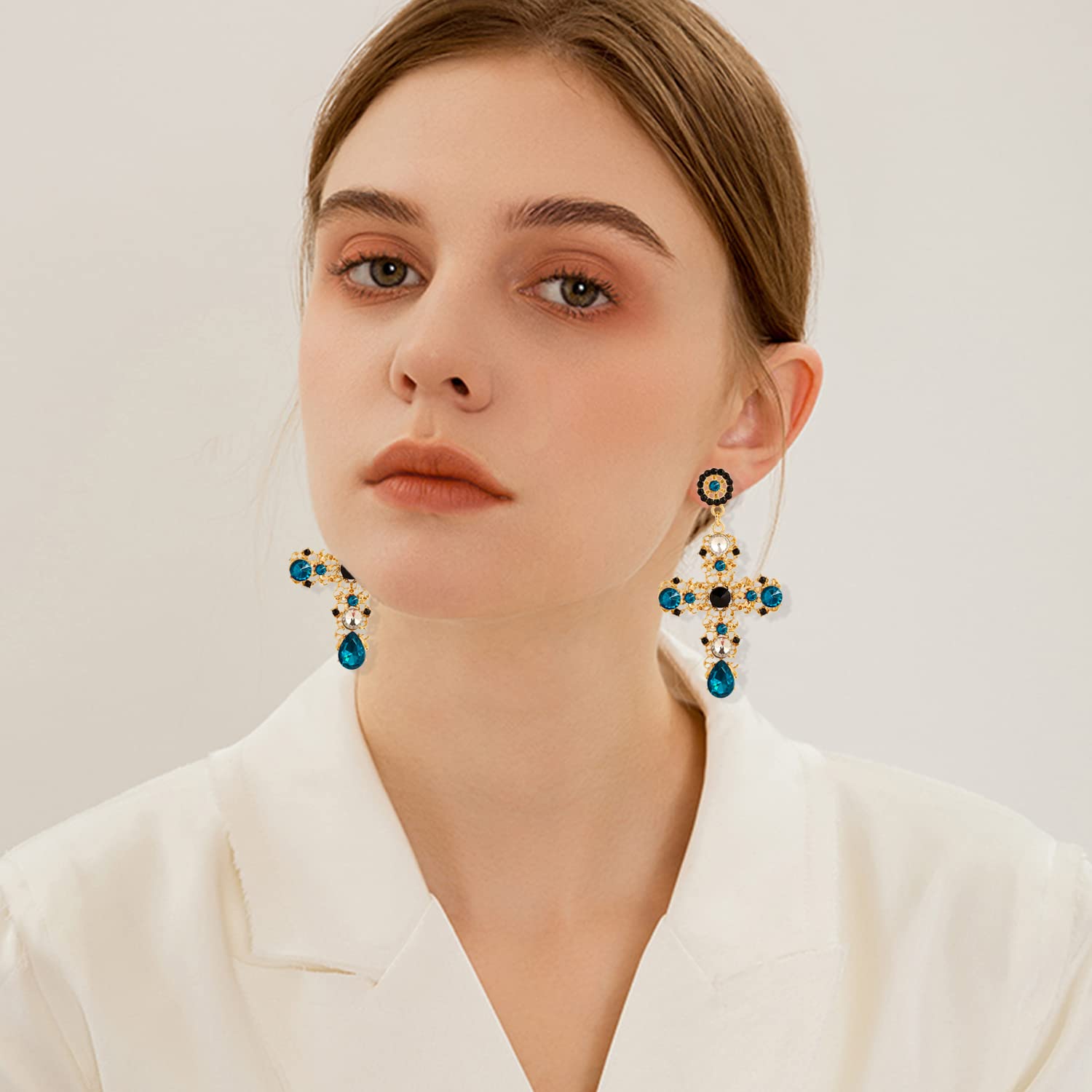 Stylish Gold Cross Red Heart Earrings with Sparkling Crystals - Baroque Hollow Drop Dangle Earrings for Women & Teens | Perfect for Parties, Gifts & Special Occasions