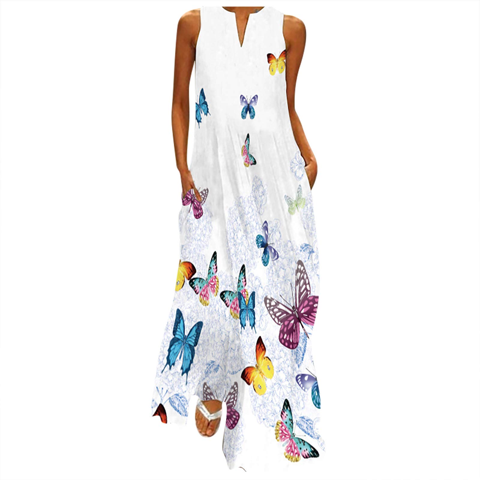 Women's Sleeveless Split Kaftan Dress - Flowy Printed Long Hem V-Neck Casual Maxi Dress for Beach, Vacation & Summer Outfits