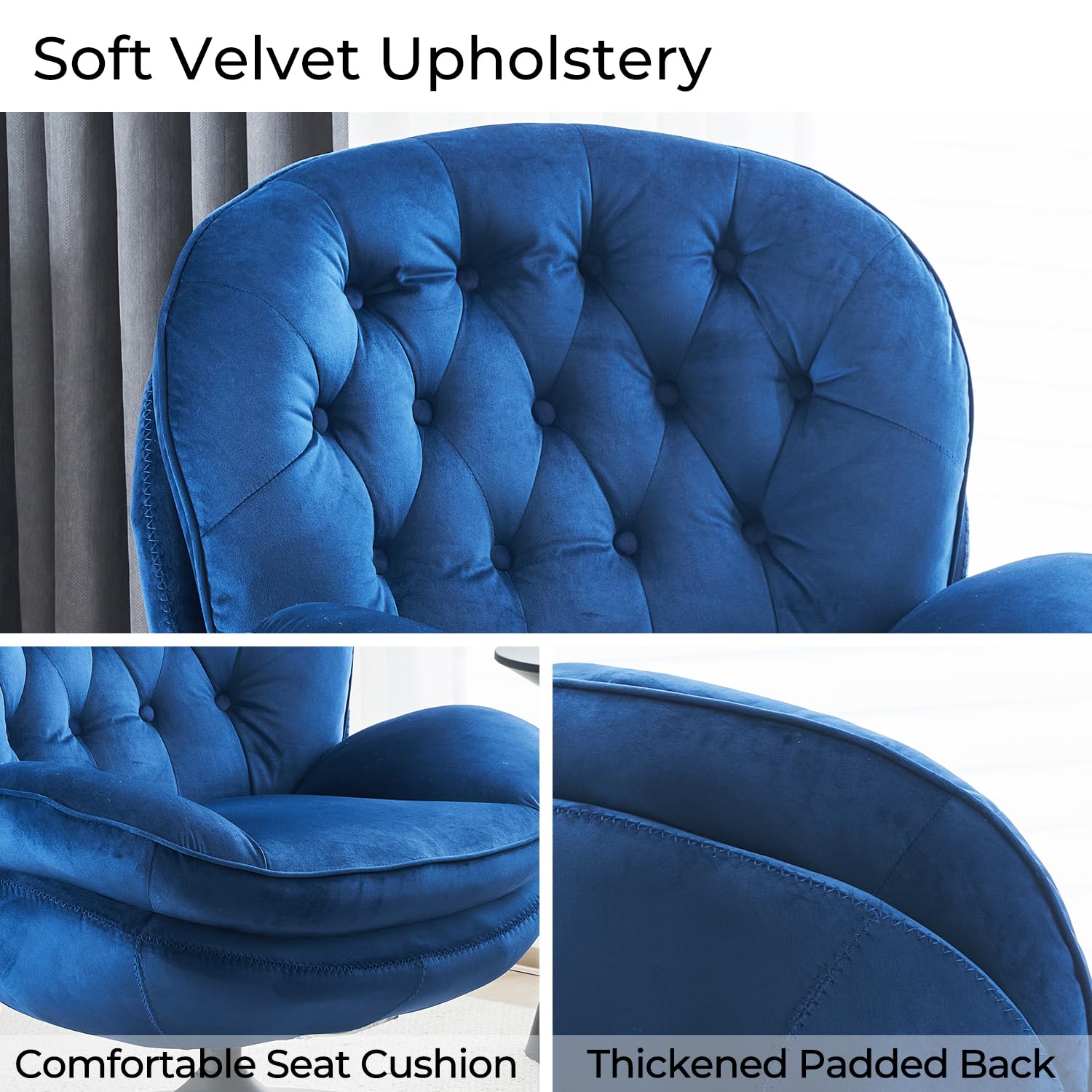 Velvet Swivel Accent Chair with Ottoman Set - Modern Tufted Armchair with Footrest for Living Room & Bedroom - 360 Degree Swivel Reading TV Chair for Adults - Blue Comfortable Lounge Chair for Relaxing, Entertaining & Home Decor