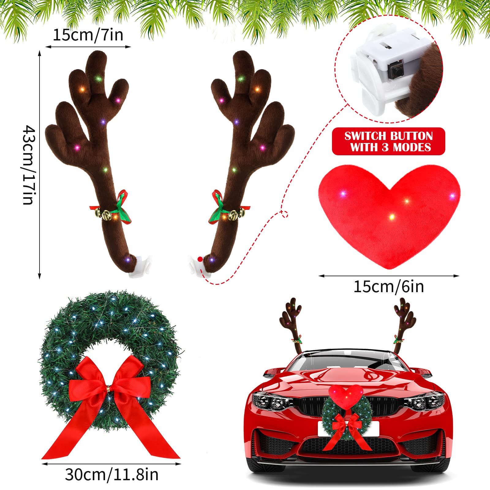 32 Pcs Christmas Car Decorations Kit - LED Reindeer Antlers, Wreath, Santa Hat & Leg, Reflective Bulb Lights for Car, Home, Office Xmas Decor - Perfect for Holiday Parties, Road Trips & Festive Gifts
