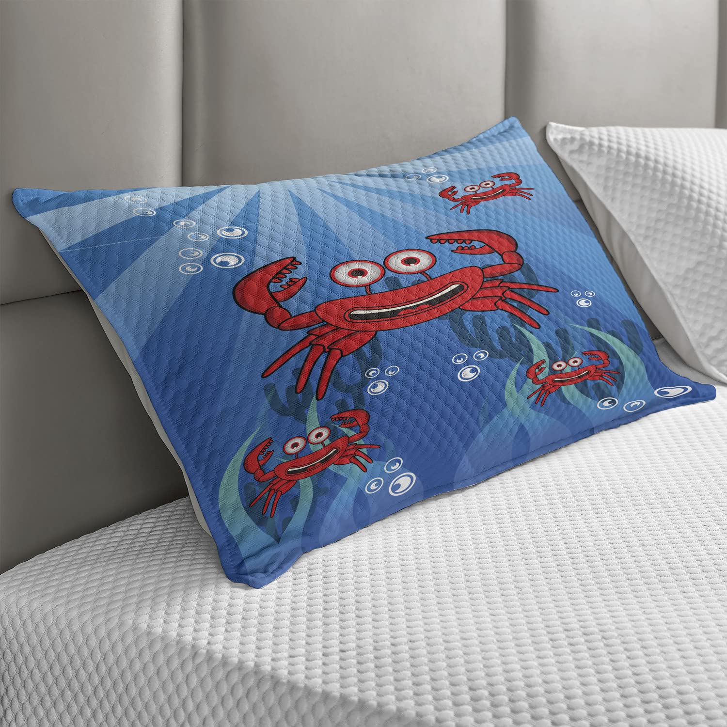 Ambesonne Funny Crab Quilted Pillow Cover - Underwater Smiling Crabs with Bubbles, Coral & Sun Rays - Standard Queen Size 30x20 Inch - Blue & Red Accent Pillow for Bedroom, Living Room & Coastal Decor