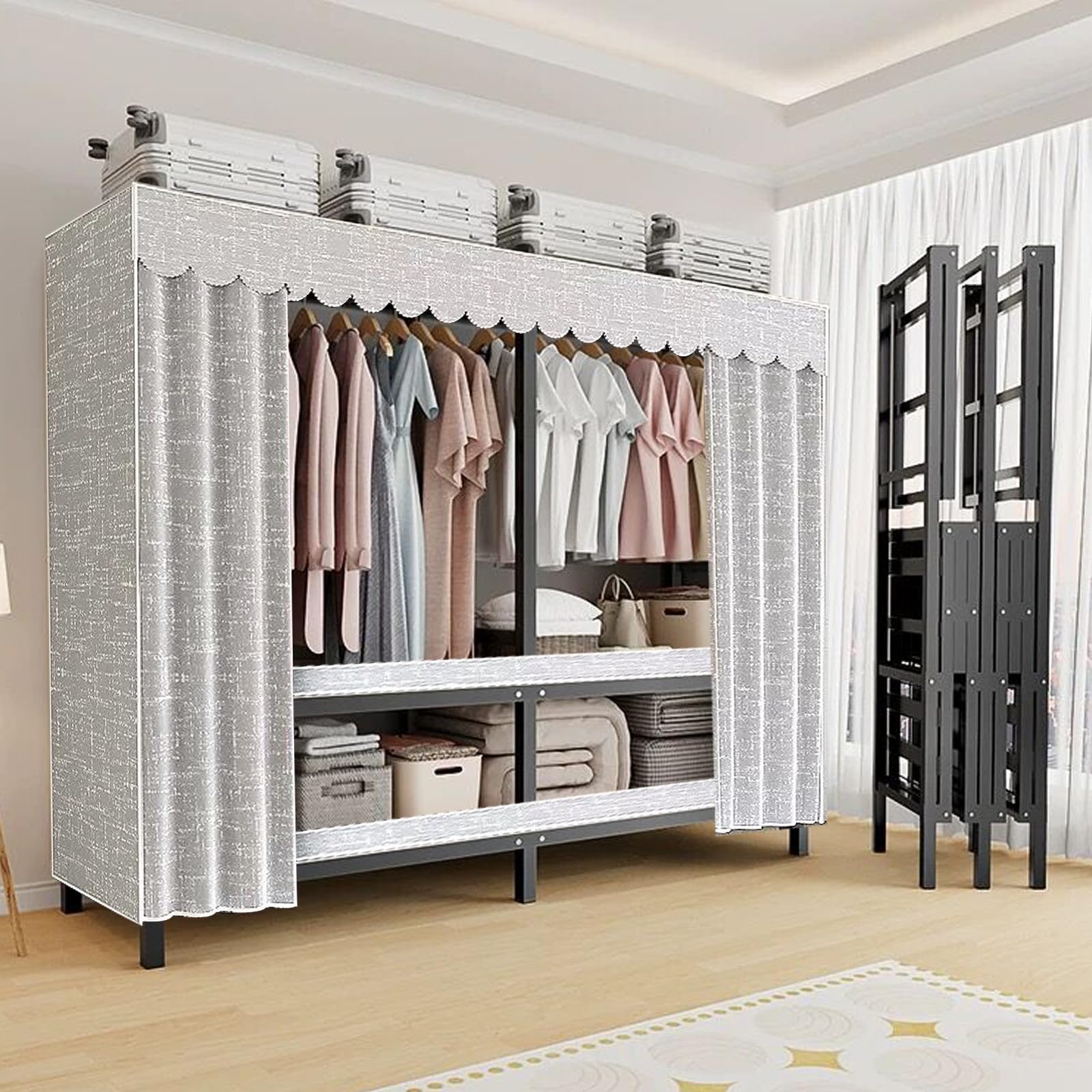 Heavy-Duty Portable Wardrobe Closet with Cover & Wheels - Collapsible Clothes Rack with Hanging Rods & Shelves - Large Rolling Garment Organizer for Clothes, Coats & Storage (49.2 Inch) - Perfect for Bedroom, Closet, Laundry Room & Dorm Organization