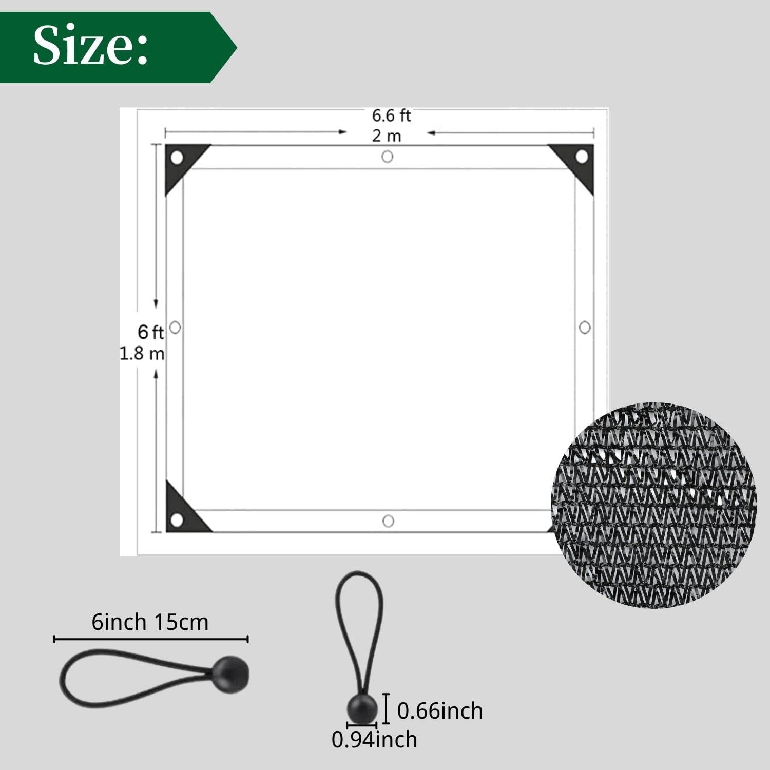 70% UV Resistant Shade Cloth - 6x6.6 FT Sunblock Garden Mesh with Grommets & 8 Ball Bungees - Green Plant Cover for Greenhouse, Patio, Chicken Coop, Pool - Perfect for Outdoor Sun Protection & Gardening Needs