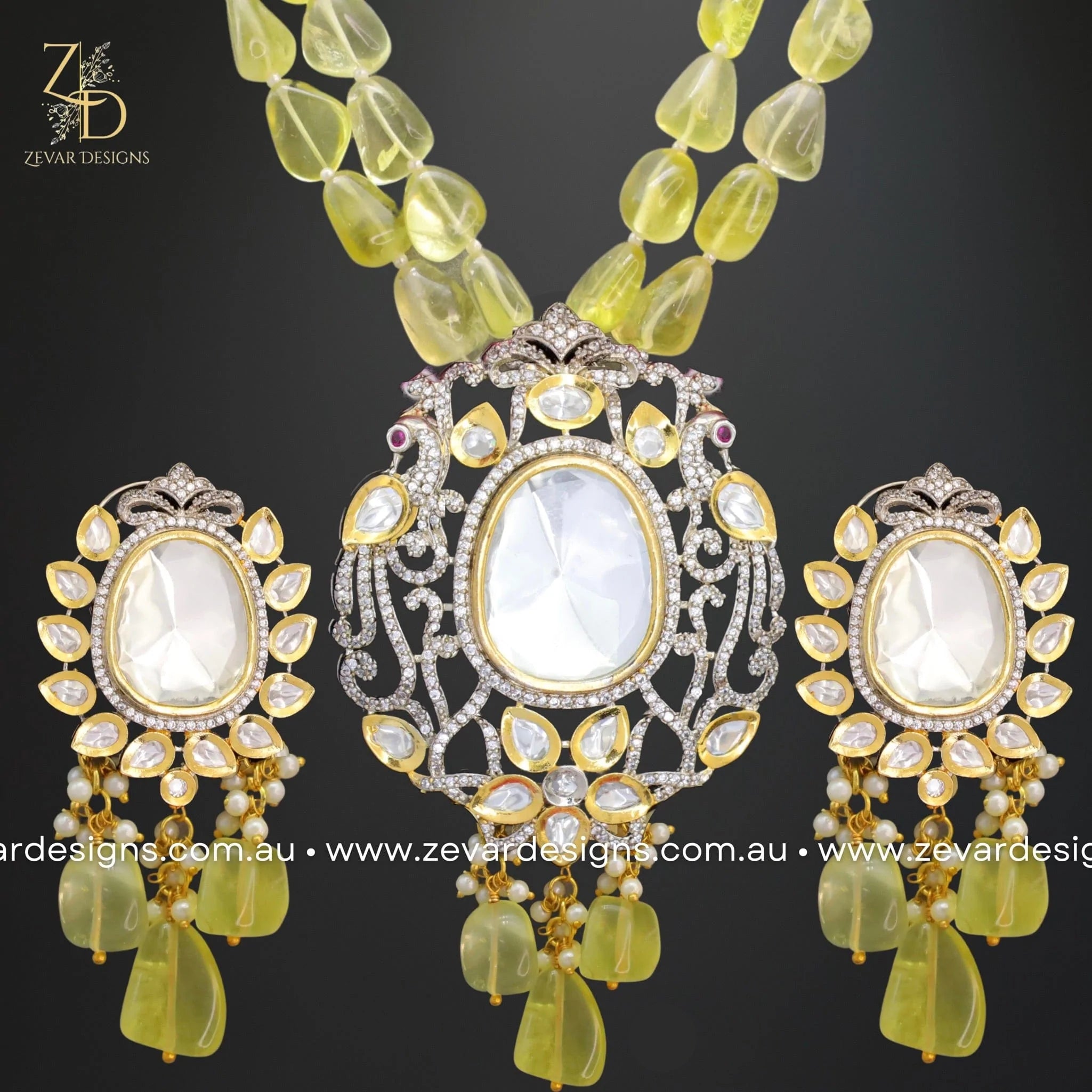 Kundan and AD Dual Finish Long Necklace Set in Lemon Yellow - Perfect for Weddings, Parties, and Festive Occasions