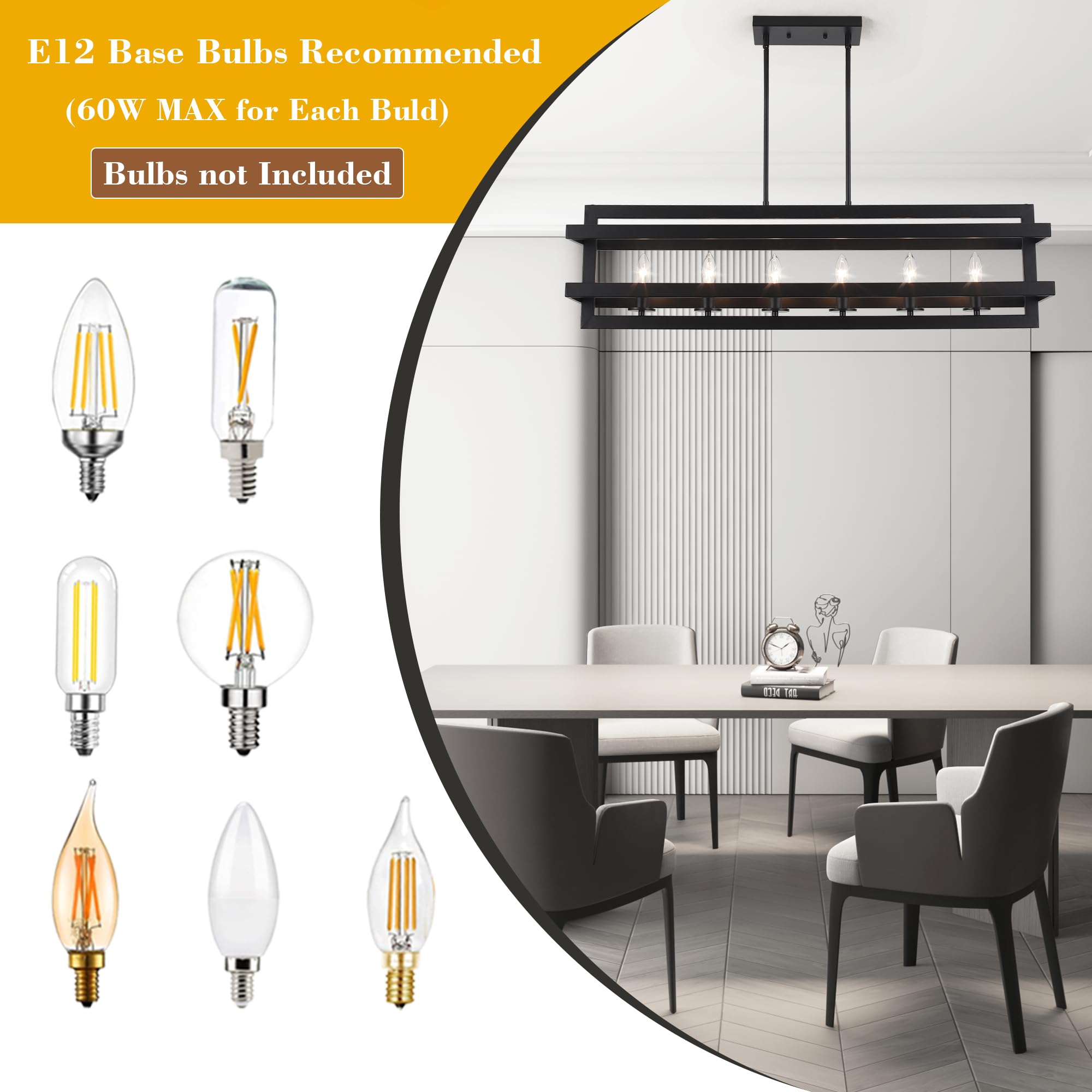 Modern Black Rectangle Chandelier - 6-Light Farmhouse Pendant Lighting for Kitchen Island, Dining Room & Living Room | Rustic Cage Design for Home Decor