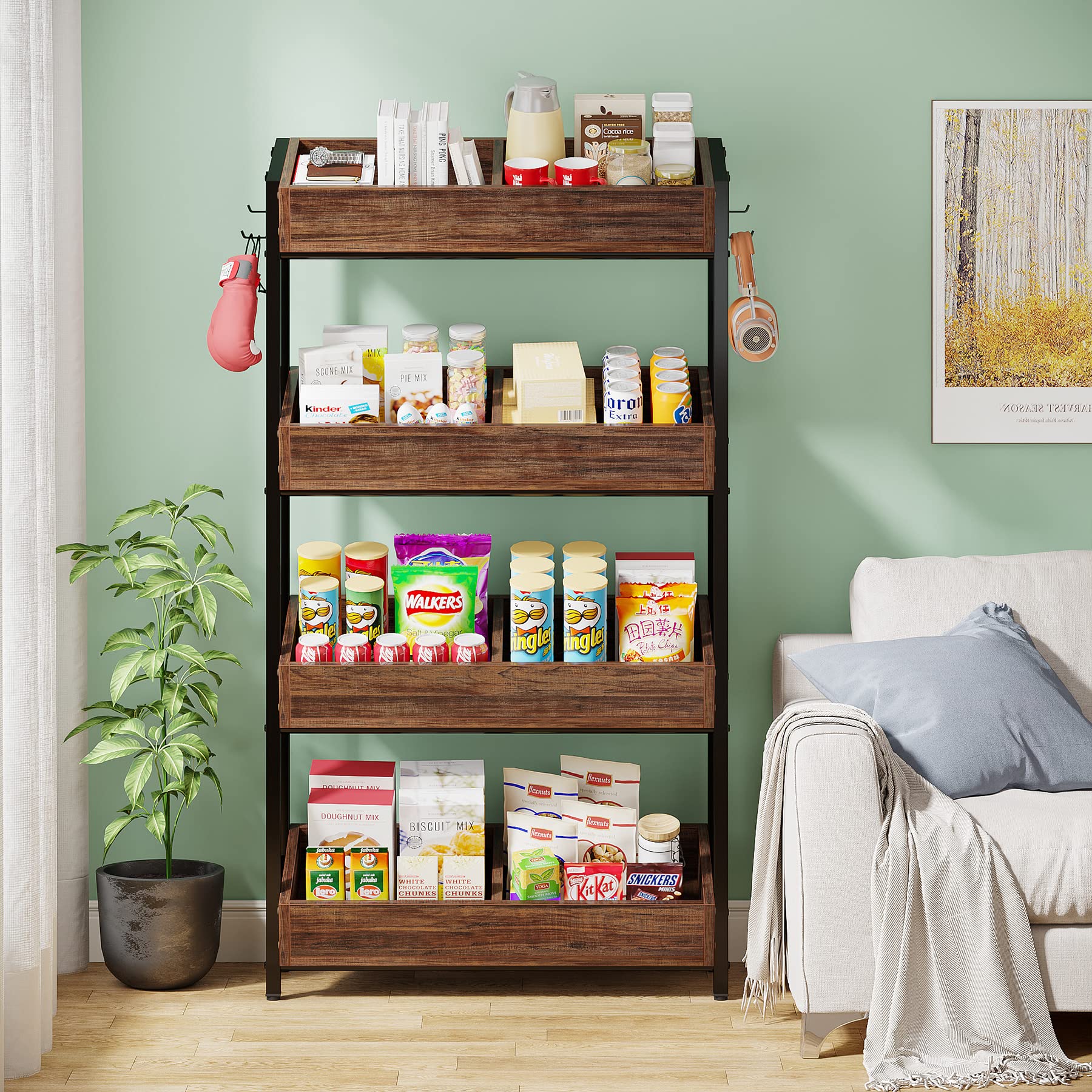 Tribesigns 4-Tier Wooden Storage Shelf - Kitchen Fruit & Vegetable Basket Stand, Pantry Organizer for Snacks, Office & Store Utility Rack - Space-Saving Brown & Black Shelving Unit | Perfect for Kitchen Organization, Pantry Storage, Retail Display & Home Decor