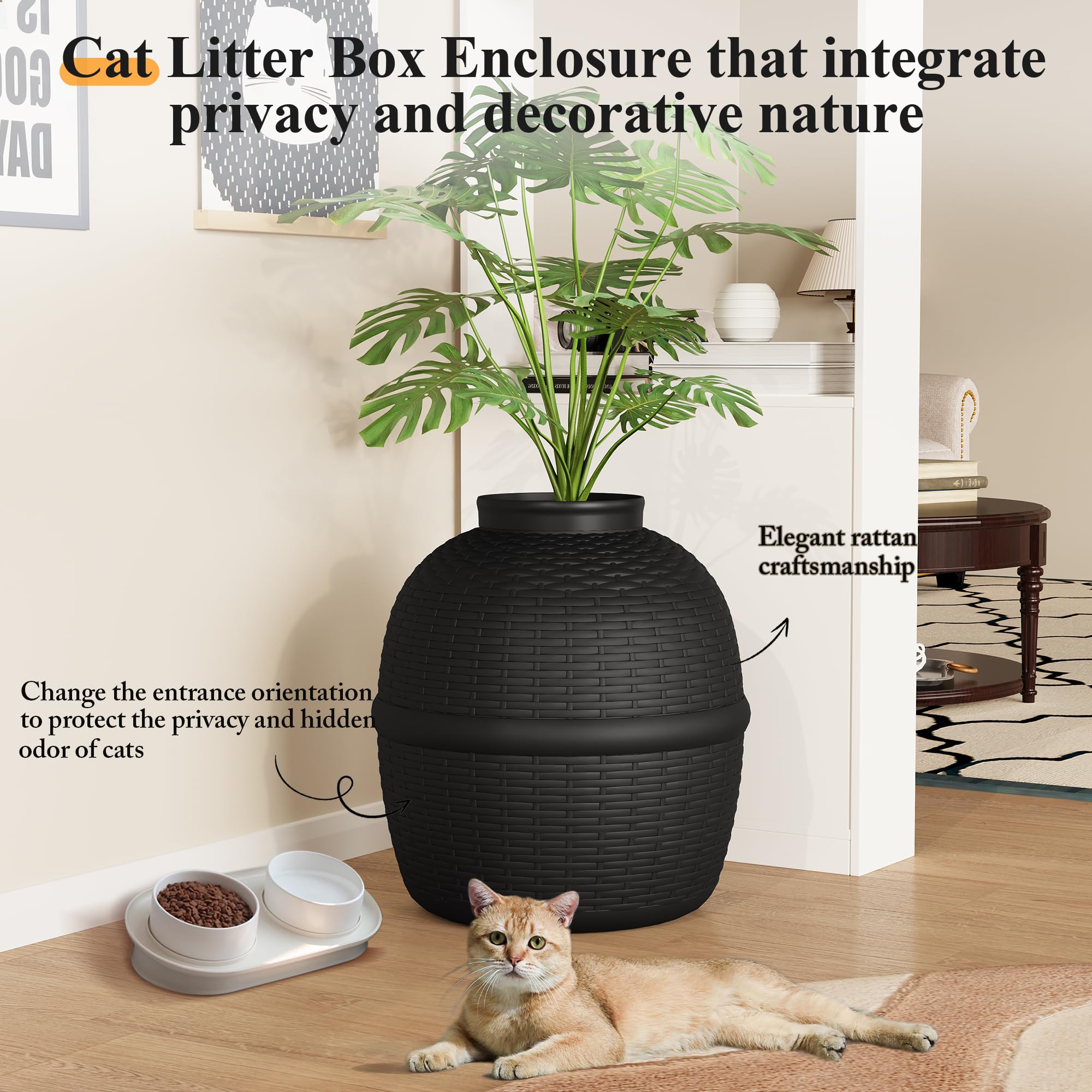 Hidden Cat Litter Box with Faux Plant - Large Rattan Pattern Litter Box Enclosure - Durable PP Material Pet Furniture for Home Decor (Black) - Perfect for Small Spaces & Discreet Cat Litter Solutions