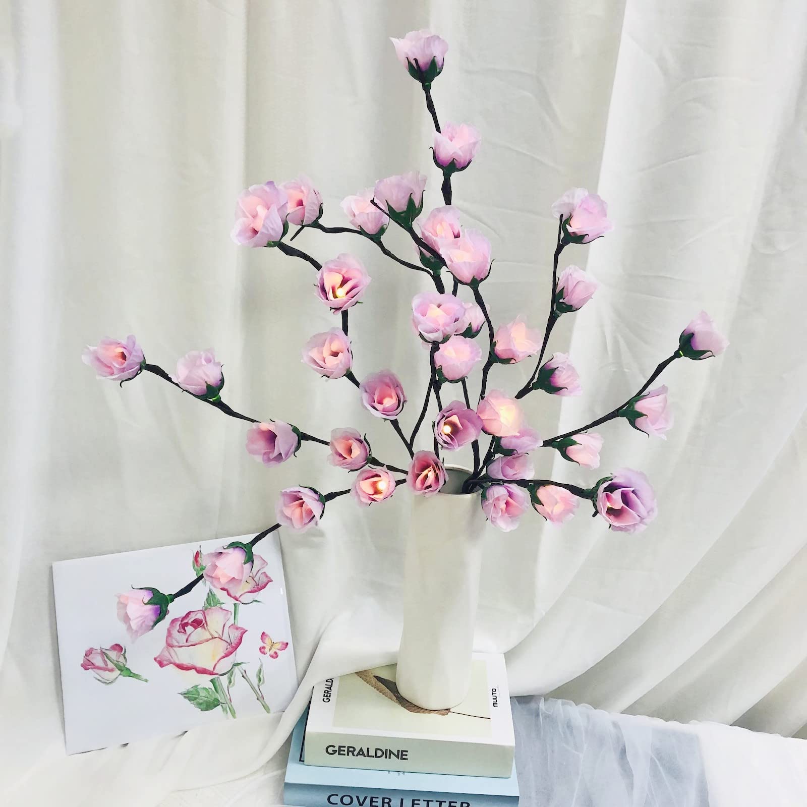 2 Pack Purple LED Rose Flower Fairy Lights - 30 Inch Battery Powered Lighted Twig Branch with Artificial Roses for Vase Decoration | Perfect for Home, Christmas Party, Wedding, Garden & Indoor/Outdoor Decor
