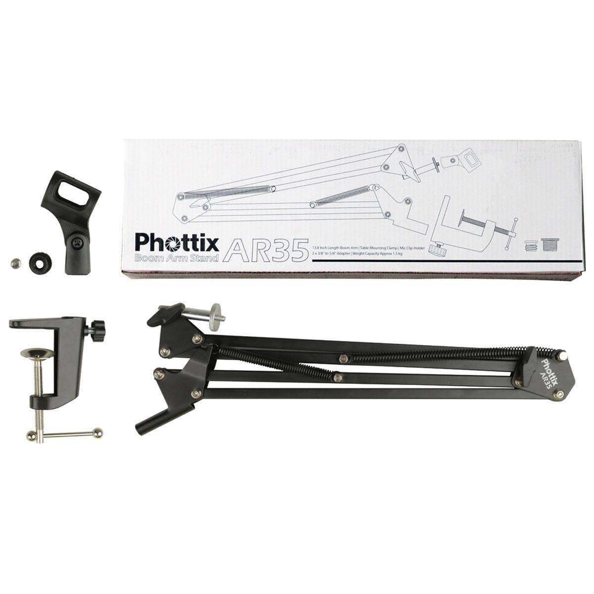 Phottix AR35 Adjustable Desktop Boom Arm Stand for Microphones & Lighting - Perfect for Podcasting, Streaming & Video Conferencing