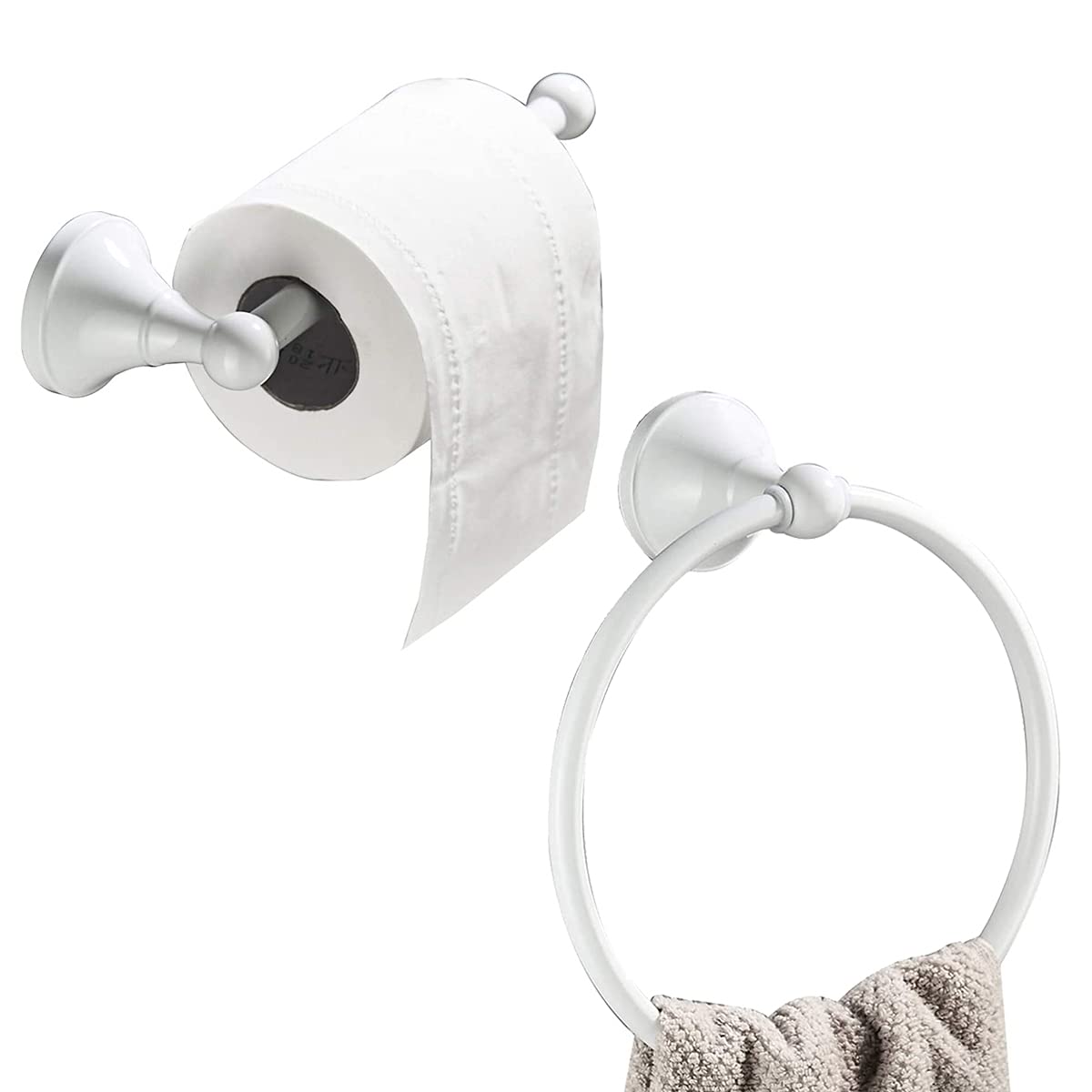 Flybath Wall Mounted Toilet Paper Holder & Towel Ring Set - Brass Bathroom Accessories in White | Perfect for Modern Bathrooms, Powder Rooms & Spa-Style Decor