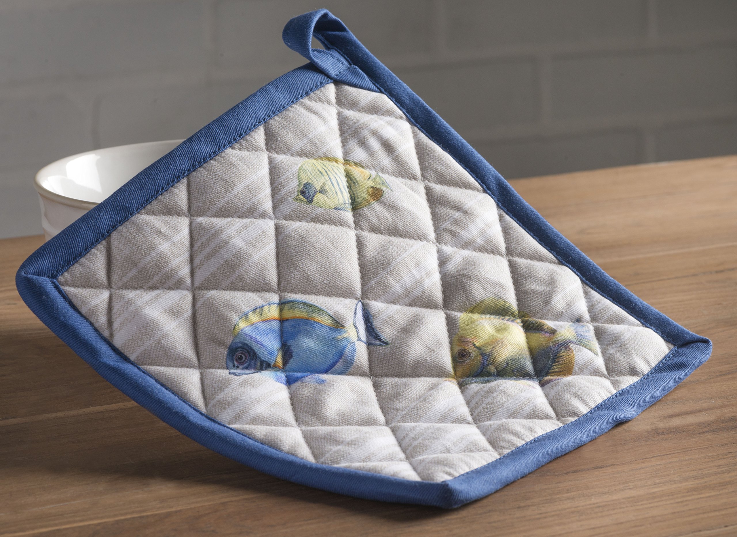 Heat Resistant 8x8 Inch Cotton Potholders - 100% Cotton Oven Mitts with Loop for BBQ, Grilling, Baking & Microwave Use - Easter & Spring Kitchen Decor (Poisson Design)