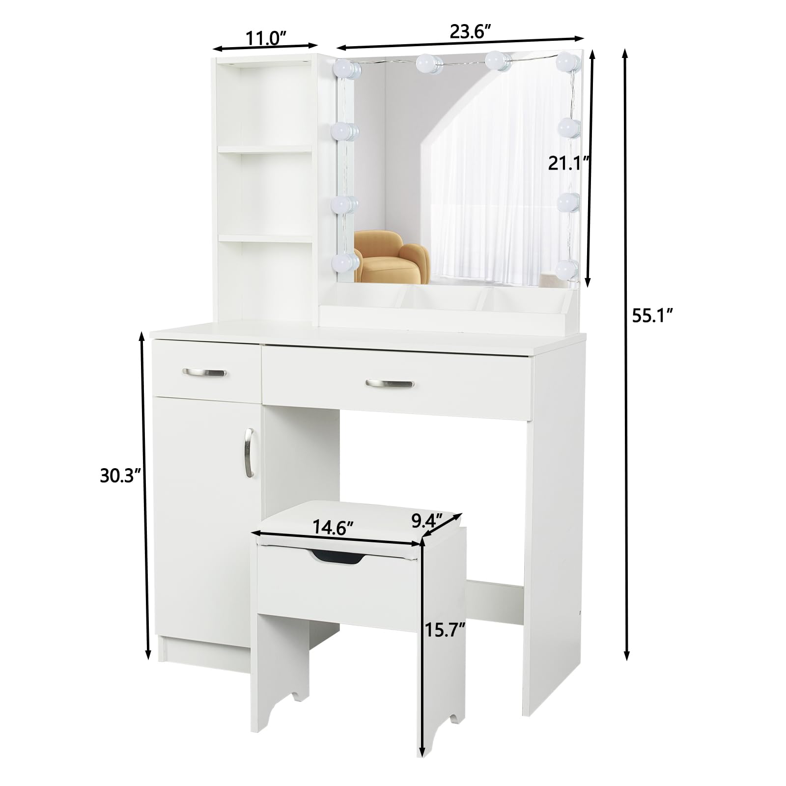 Fameill White Vanity Desk with LED Mirror & 2 Drawers - Adjustable 3-Color Lighting Makeup Table with Storage (35 Inch) - Perfect for Bedroom, Dressing Room & Beauty Salon