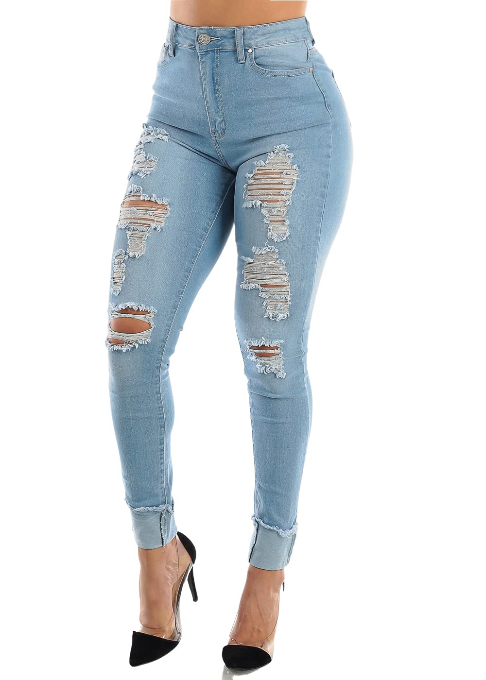 Moda Xpress Women's High Waisted Ripped Skinny Jeans - Distressed Denim Pants with One Button Closure | Perfect for Casual Wear, Night Out & Street Style Fashion