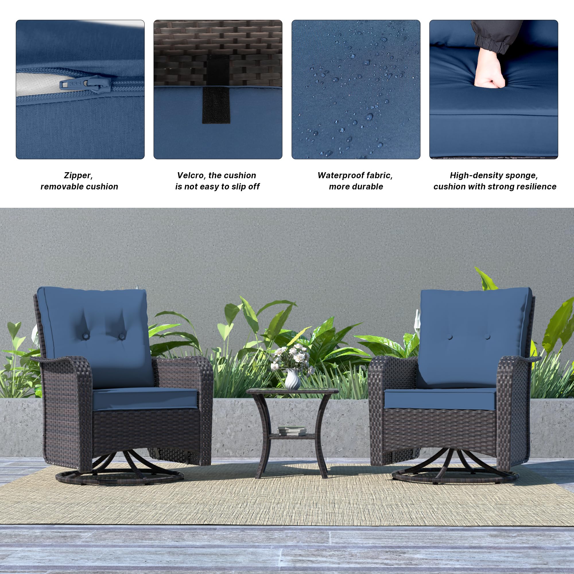 Kurapika 3-Piece Patio Furniture Set - Outdoor Swivel Glider Rocker, Wicker Bistro Set with Rattan Rocking Chair, Tempered Glass Side Table & Thick Cushions (Navy Blue) - Perfect for Garden, Balcony, Backyard & Poolside Relaxation