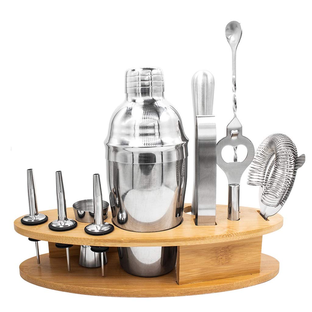 Premium 11-Piece Stainless Steel Cocktail Shaker Set with Fish-Shaped Bamboo Base - 550ML Bartender Mixing Tools Kit for Professional & Home Bars | Perfect for Margaritas, Martinis & Cocktail Parties