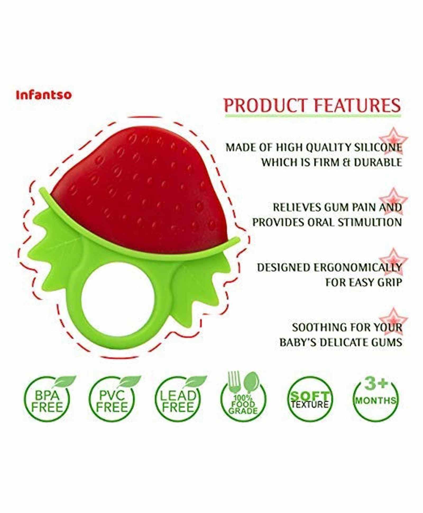 Non-Toxic Food-Grade Silicone Baby Teether for 2+ Months - BPA Free, Pain Relief for Teething Infants (Strawberry Red & Bottle Pink) | Perfect for Soothing Sore Gums at Home or On-the-Go