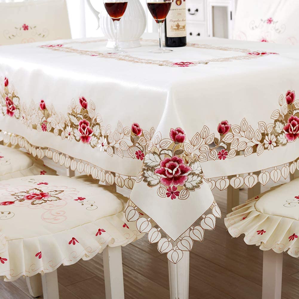 LeLehome 57 Inch Square Floral Embroidered Tablecloth - Classic Beige Lace with White Roses & Leaves Design, Elegant Dining Table Cover for Wedding, Party, Festival, Home & Kitchen Decor | Perfect for Holiday Gatherings, Anniversary Dinners & Special Occasions