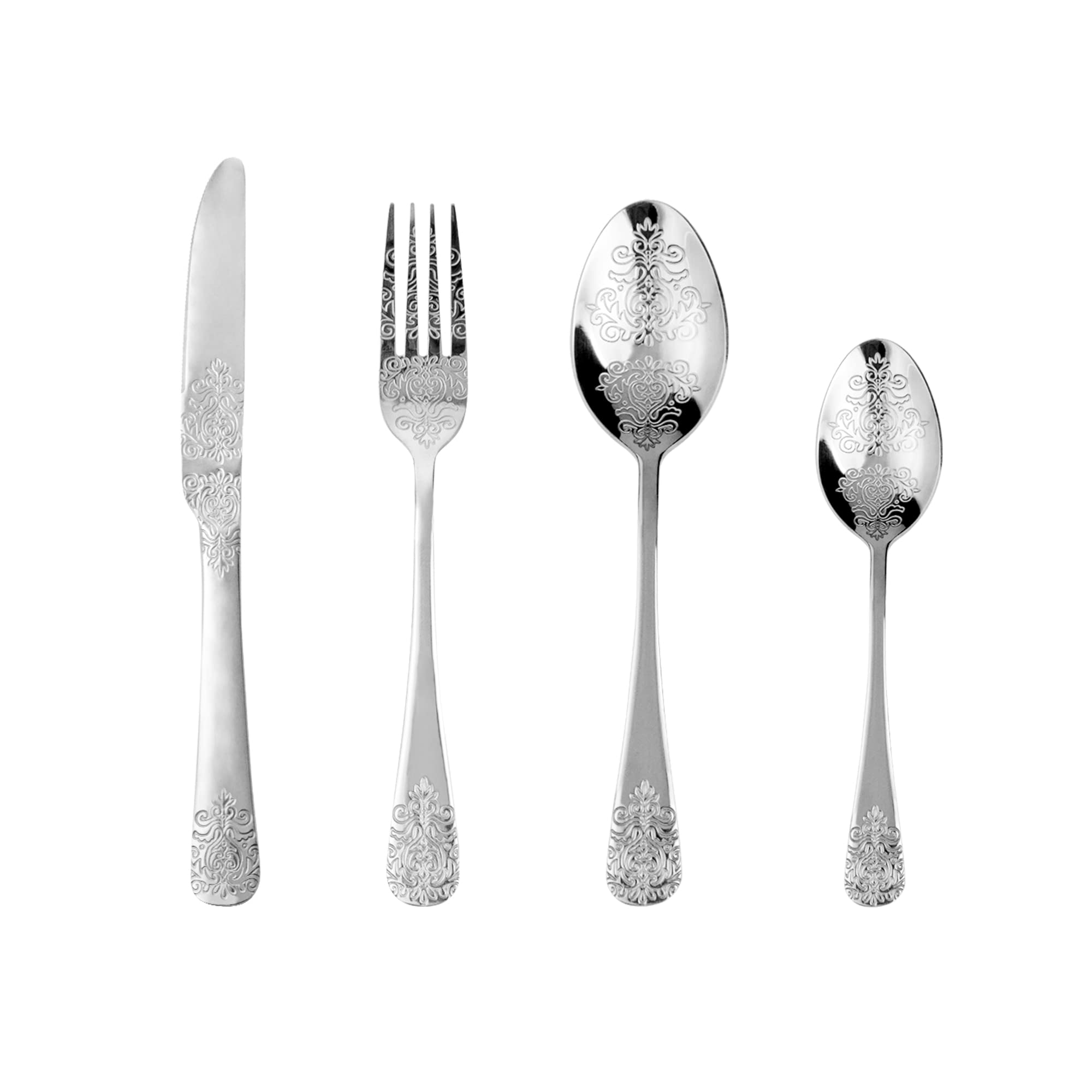 Premium 4-Piece Silverware Set - 304 Stainless Steel Mirror Polished Flatware with Vintage Carved Design - Dishwasher Safe Cutlery for Home, Kitchen & Restaurant Use - Perfect for Everyday Dining, Dinner Parties & Gifts (1 Set/4PCS)