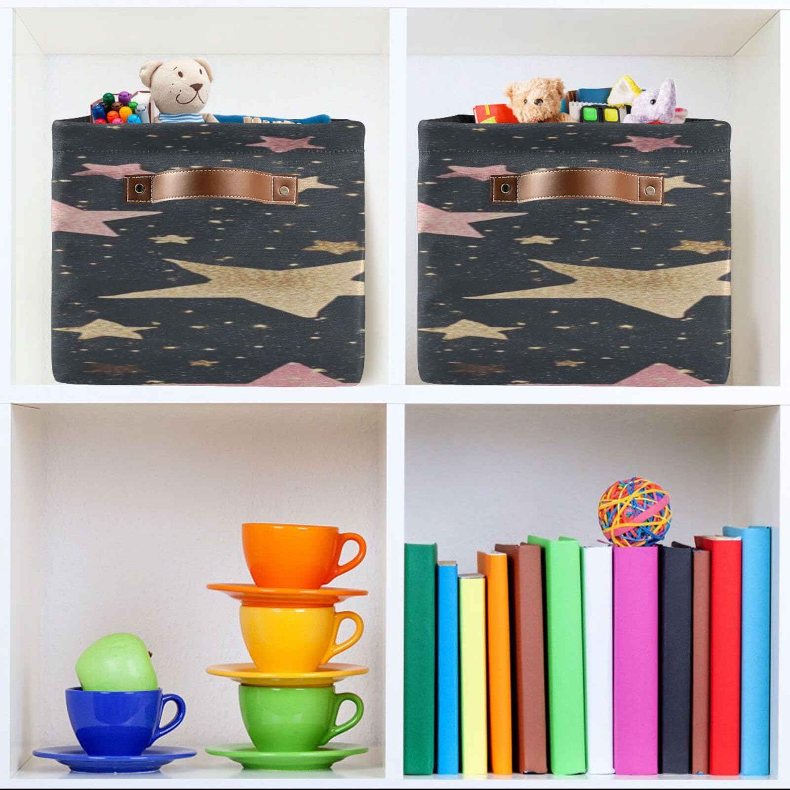 Large Storage Baskets with Handles - Foldable Home Organization Bins for Closet, Shelves & More (2-Pack, Custard Star) - Perfect for Bedroom, Bathroom & Kids Room Storage